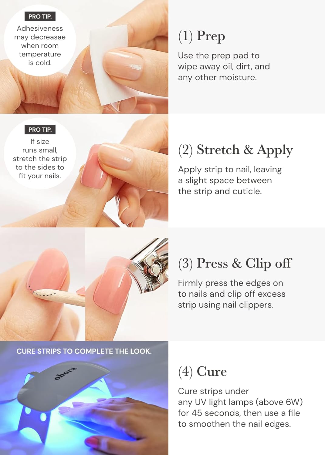 Ohora Semi-Cured Gel Nail Strips - Salon-Quality Bare Gray Design | Easy Application & Removal, Includes Prep Pads & File