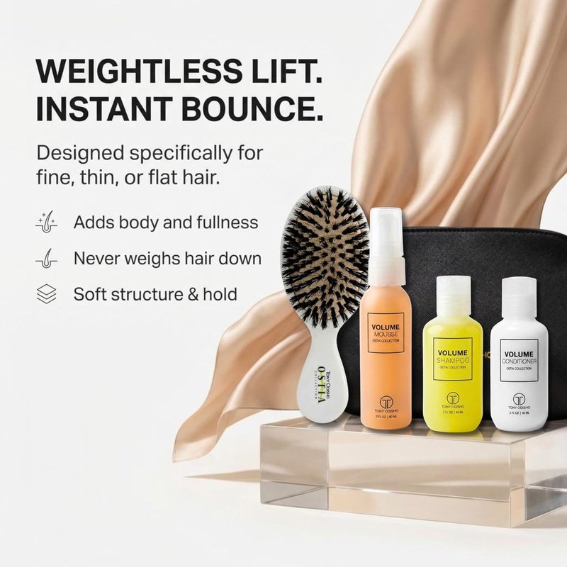 Volumizing Hair Care Kit - Mini Shampoo, Conditioner & Mousse for Fine Hair | Sulfate-Free Travel Set with Brush & Cosmetic Bag - 5 Pieces