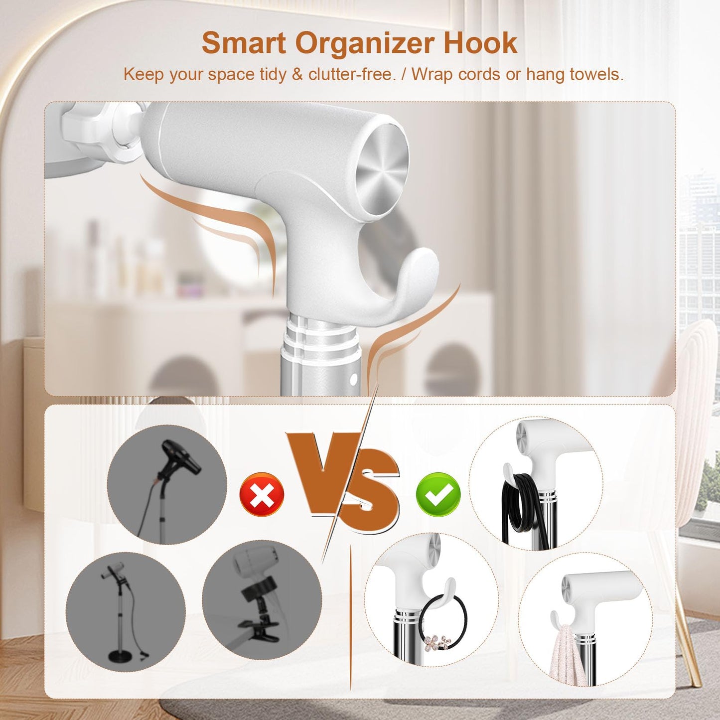 Mistriddle Hands Free Hair Dryer Holder Floor Stand, Adjustable Height (17.2"-51"), Universal Clip with TPU Protection & Organizer Hook, Stable Aluminum Base Blow Dryer Stand Hands Free(White)