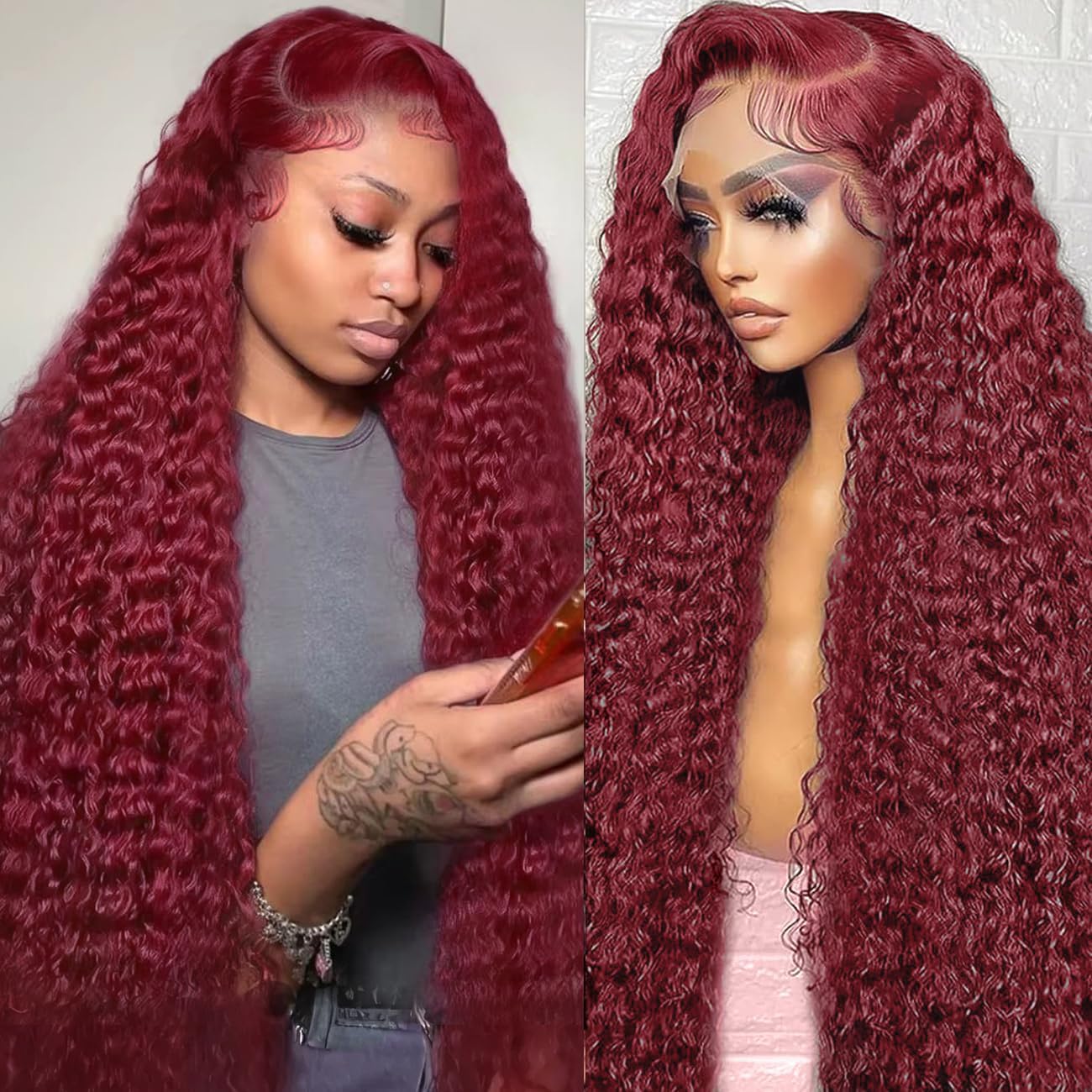 Burgundy 250 Density Human Hair Wig - 30 Inch 13x6 Deep Wave Lace Front | Pre-Plucked HD Transparent Lace Frontal for Women