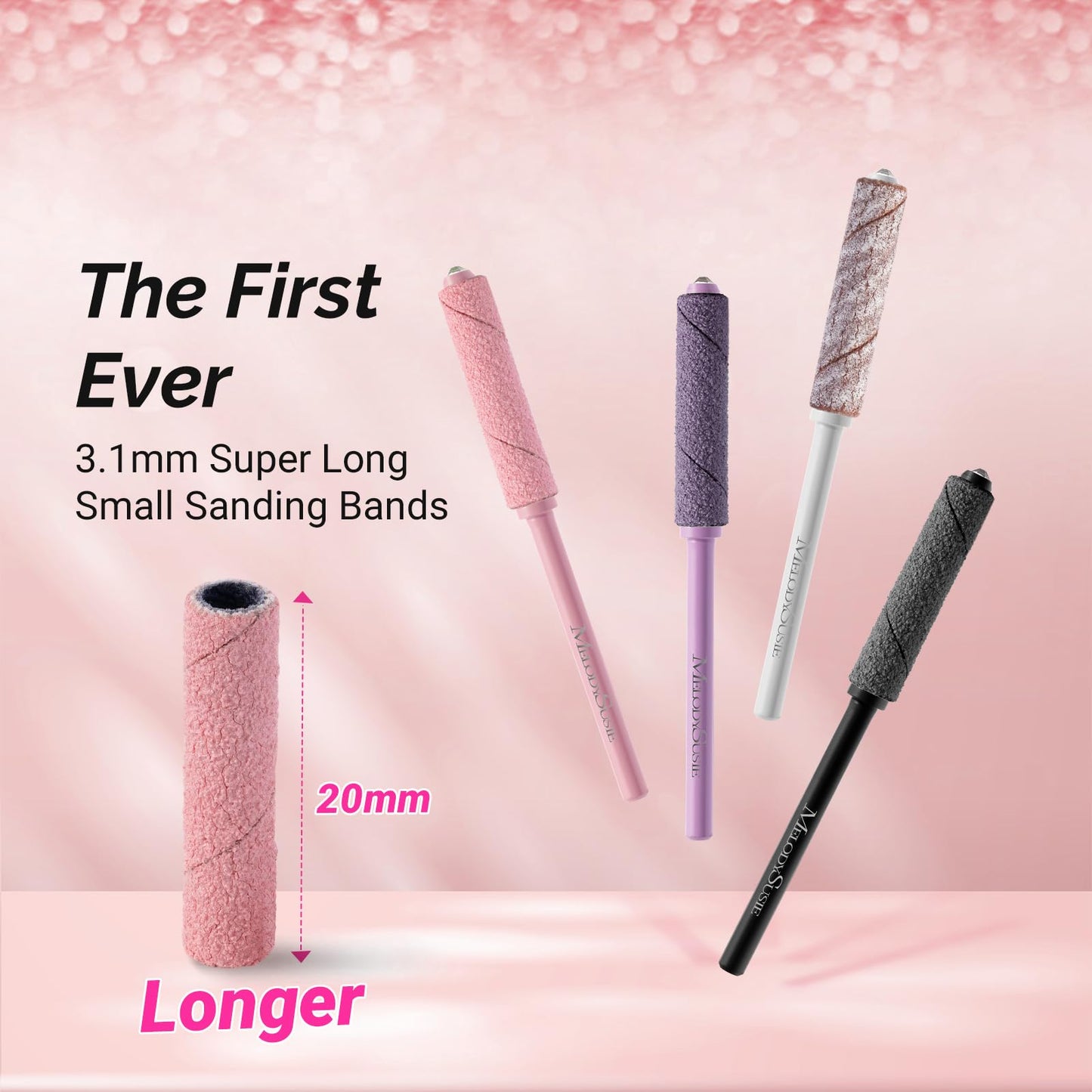 MelodySusie 50 Pcs Nail Drill Bits Super Long Small Sanding Bands with 3.1mm Crystal Mandrel Bit, 180 Fine Grit Nail File for Acrylic Nails Gel Manicures and Pedicure, Pink