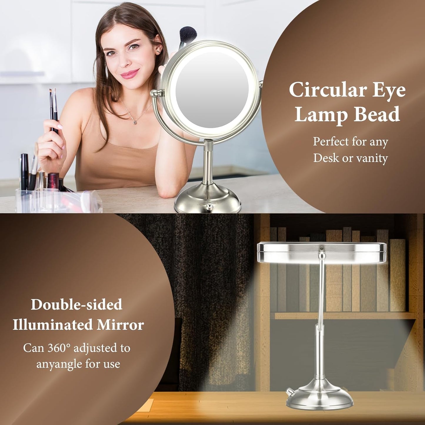 Lighted Makeup Mirror - 8.5" Large 1X/10X True HD Magnification | 3 Color Dimmable Lights, 360° Swivel