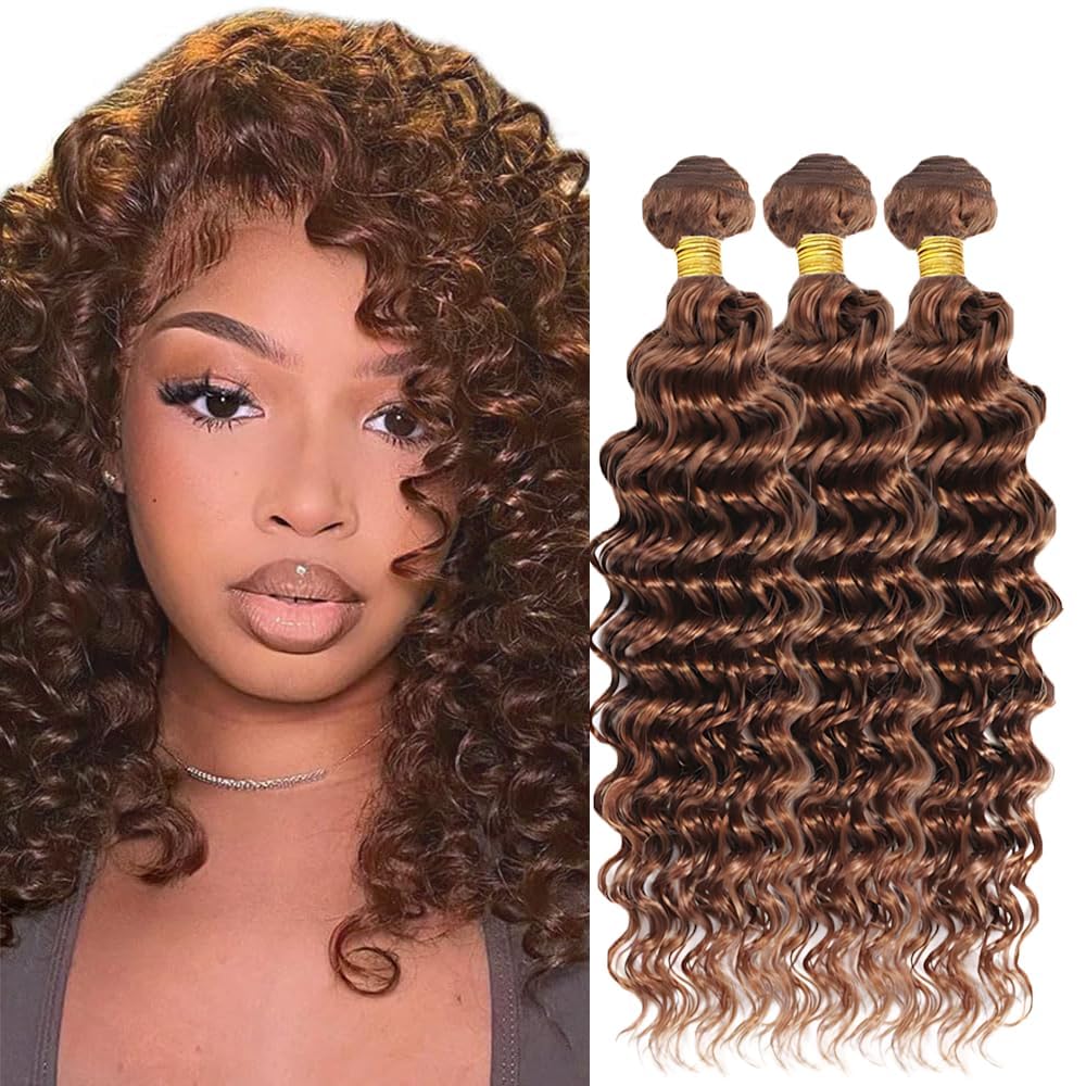 Light Brown Bundle Color #30 Deep Wave Human Hair Bundles Brazilian Unprocessed Virgin Hair 1 Bundle 20 Inch Brown Deep Wave Bundles Hair Weave