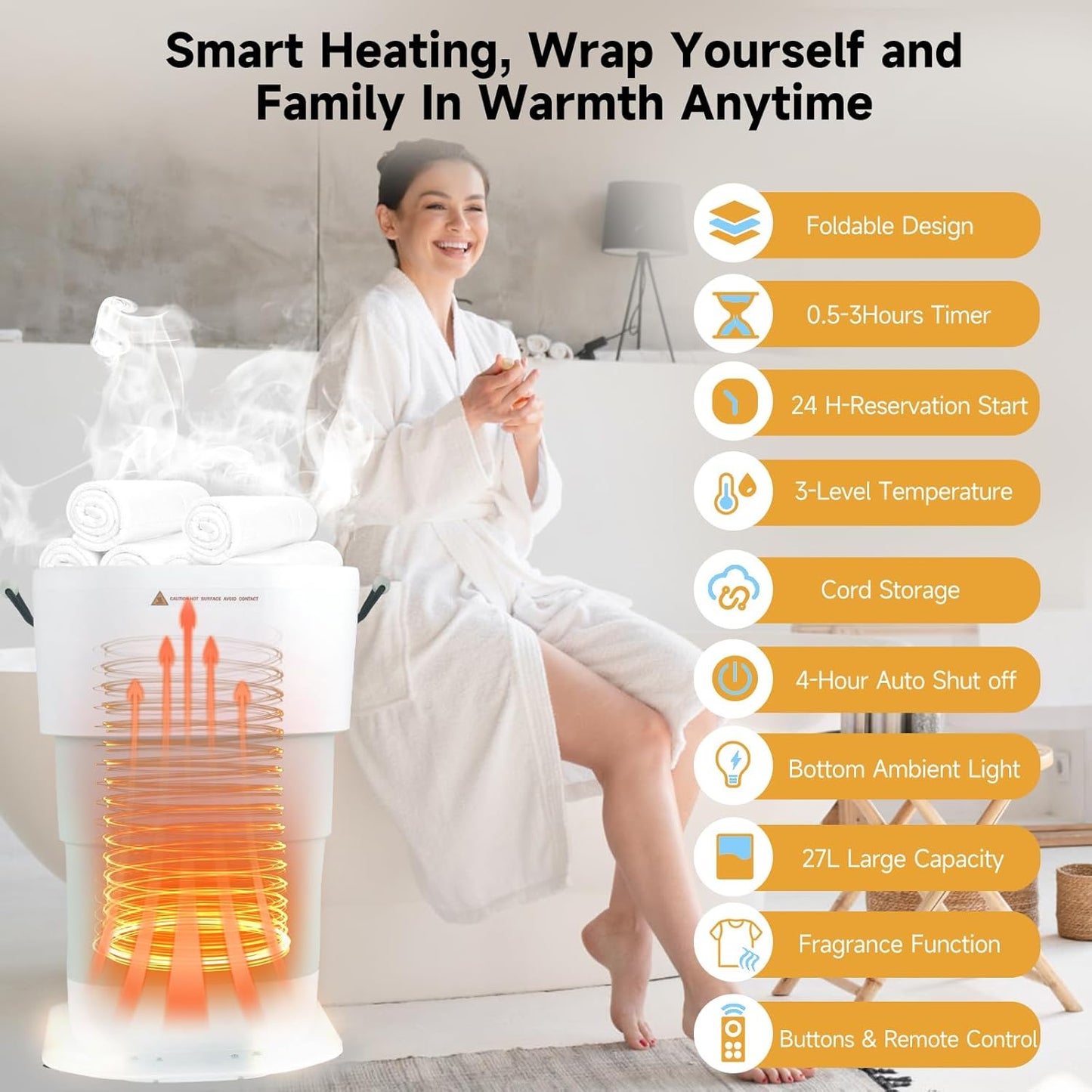 LIONROGE 27L Foldable Towel Warmer - Heated Bucket with Timer, Auto Shut Off | Fits Two 40"x70" Towels, Bathrobes
