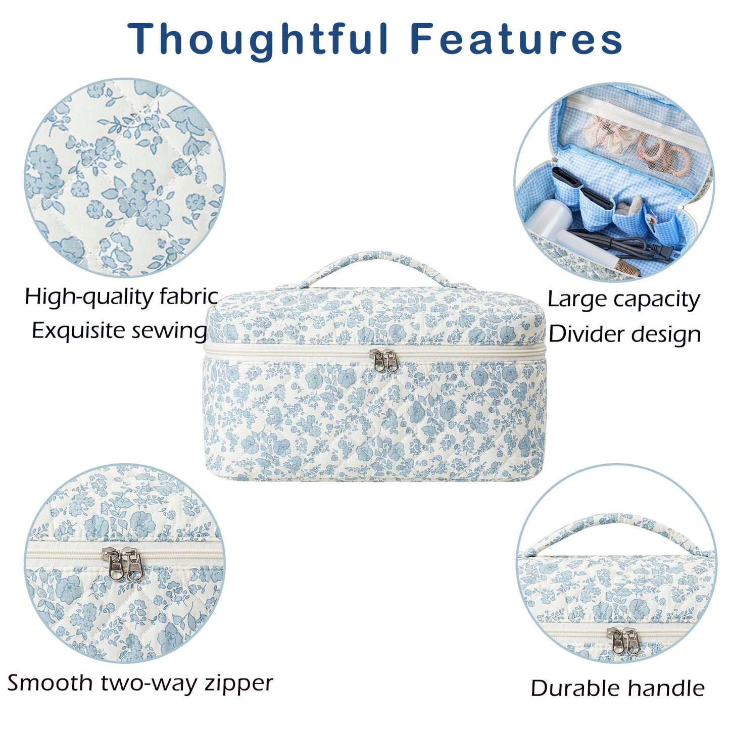Quilted Cotton Hair Tools Travel Bag Compatible with Dyson Airwrap,Hair Styling Cosmetic Case for CurlingIron,Flat Irons and Attachments,Portable and Foldable Makeup Bag (01Blue Flower)