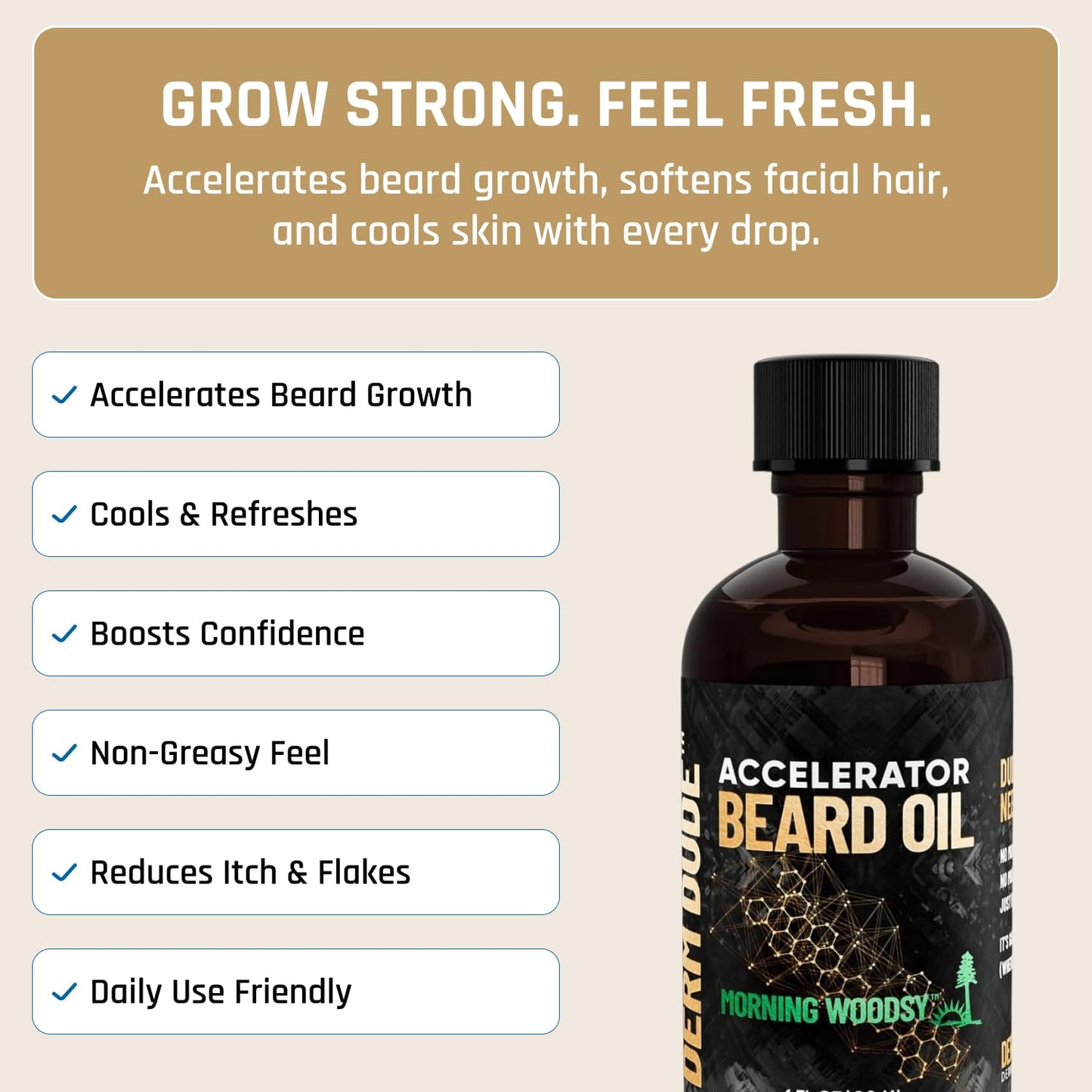 Derm Dude Accelerator Beard Growth Oil for Men | With Castor Oil & Jojoba Oil for Hair Growth | Promotes Thicker Fuller Beard | Hydrate & Soften Facial Hair, Non-Greasy - Morning Woodsy 1oz