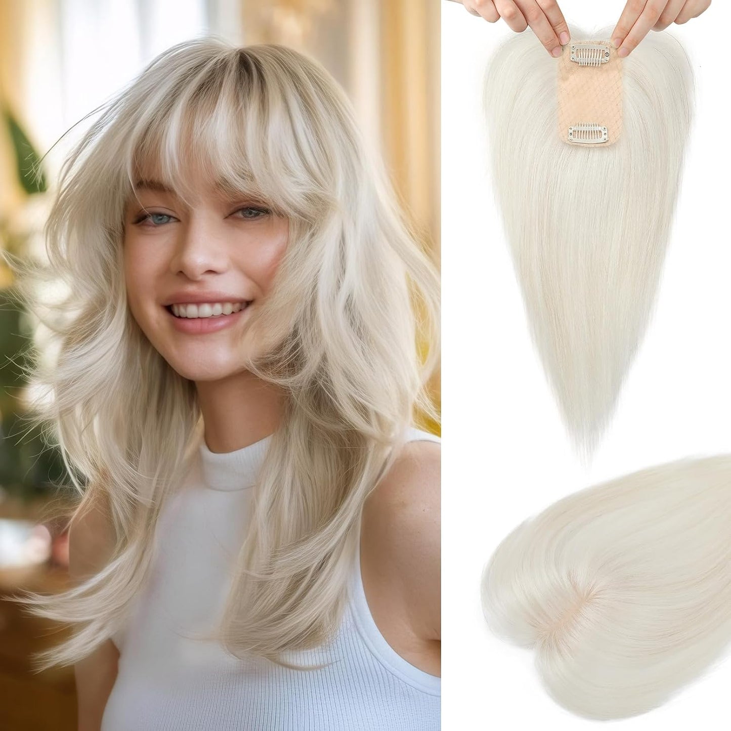 Real Human Hair Toppers for Women - 10 Inch Clip-In Bangs | 150% Density Silk Base - Medium Brown with Blonde Highlights
