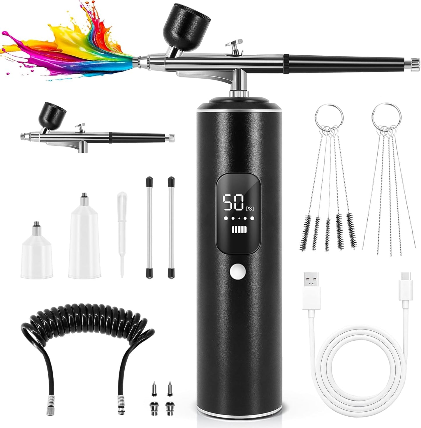 Airbrush Kit - High Pressure 50PSI Compressor with 2 Airbrushes & 0.2/0.3/0.5mm Nozzles | Ideal for Nails, Cake Decorating, and Modeling (Black)