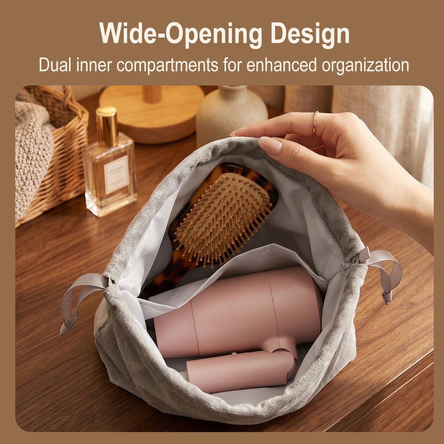 Etenpo 3 Pack Hair Dryer Bag with Double Layer, Grey Large Blow Dryer Bag for Travel and Home Storage, Heavy Duty Drawstring Hair Dryer Storage Bag for Attachments and Styling Tools (9.8" x 13")