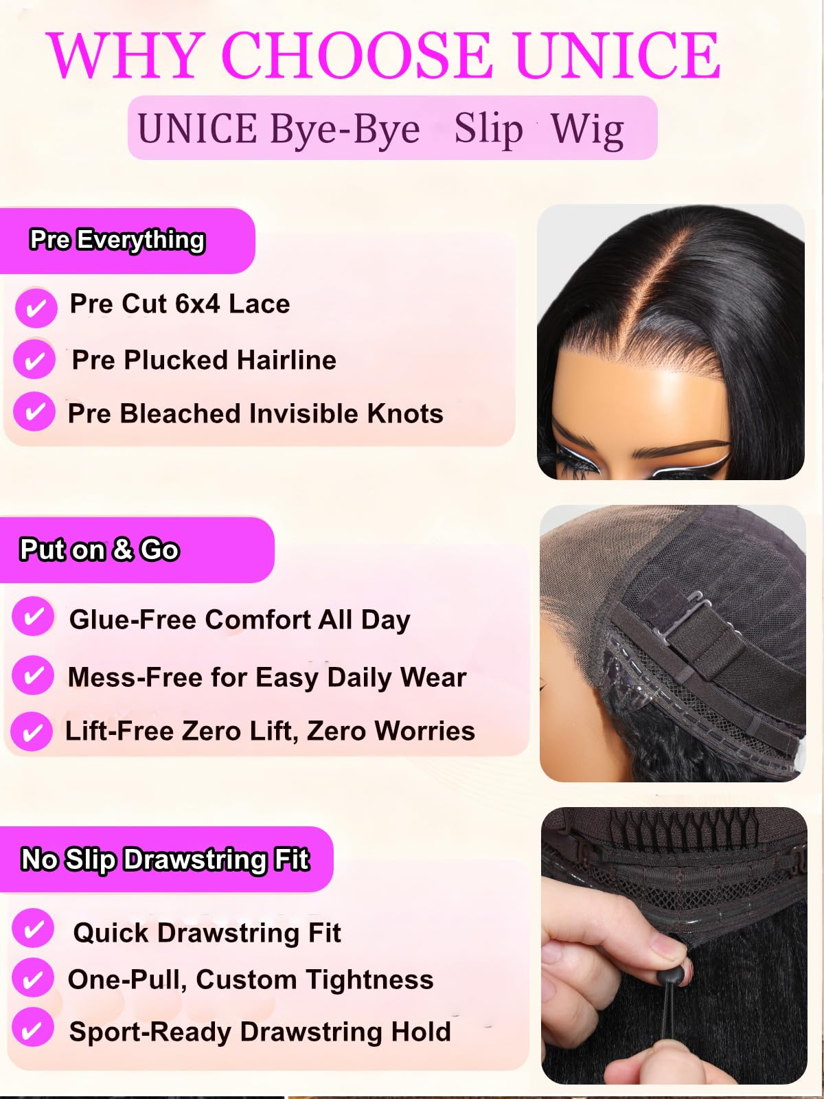 UNICE 10Inch Straight Bob Wig Human Hair, 7x5 Lace Front Glueless Wig, Pre-Plucked Pre-Cut Bleached Knots, 150% Density, Beginner Friendly Drawstring Wig, Secure Fit Put On and Go Natural Hairline