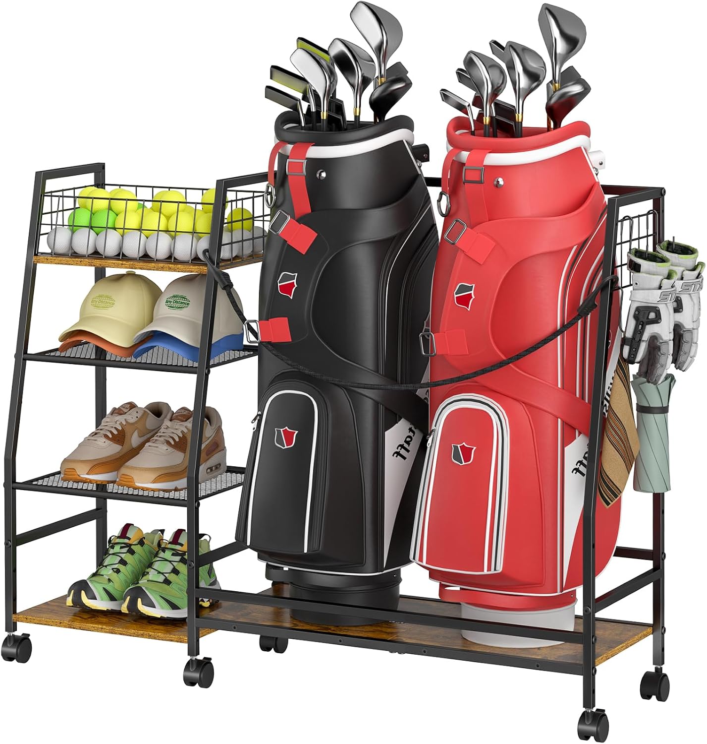 Golf Bag Storage Rack with Wheels - Durable Organizer for Golf Equipment | Ideal for Garage, Home, Shed (Black)