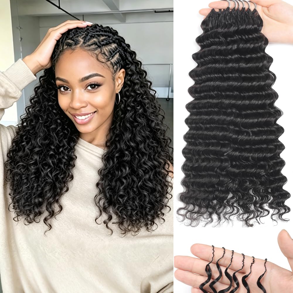 Human Crochet Hair for Black Women 16 Inch 150g Pre Separated 120 Strands Deep Wave Feather Crochet Human Hair Extensions Invisible Miracle Knots Crochet Hair Human Hair Crochet Bundles Natural Black