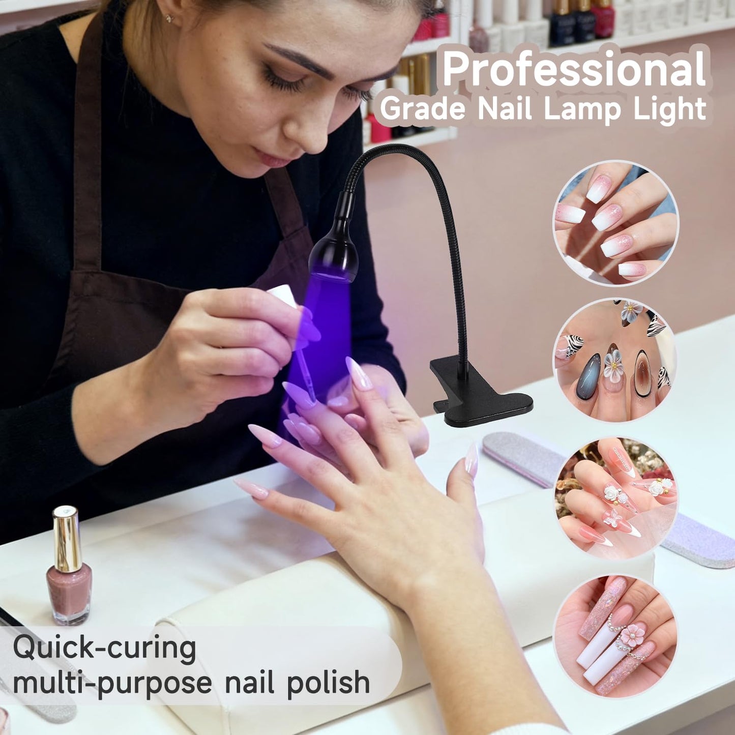 Geisofu UV Nail Lamp - UV Light for Gel Nails, Flash Cure Lamp, LED Gooseneck Flash Cure Lamp for Nails, Manicure Dryer Black Light with Clamp, 365+395nm Wavelength 5V 3W 4 Levels Dimming Black