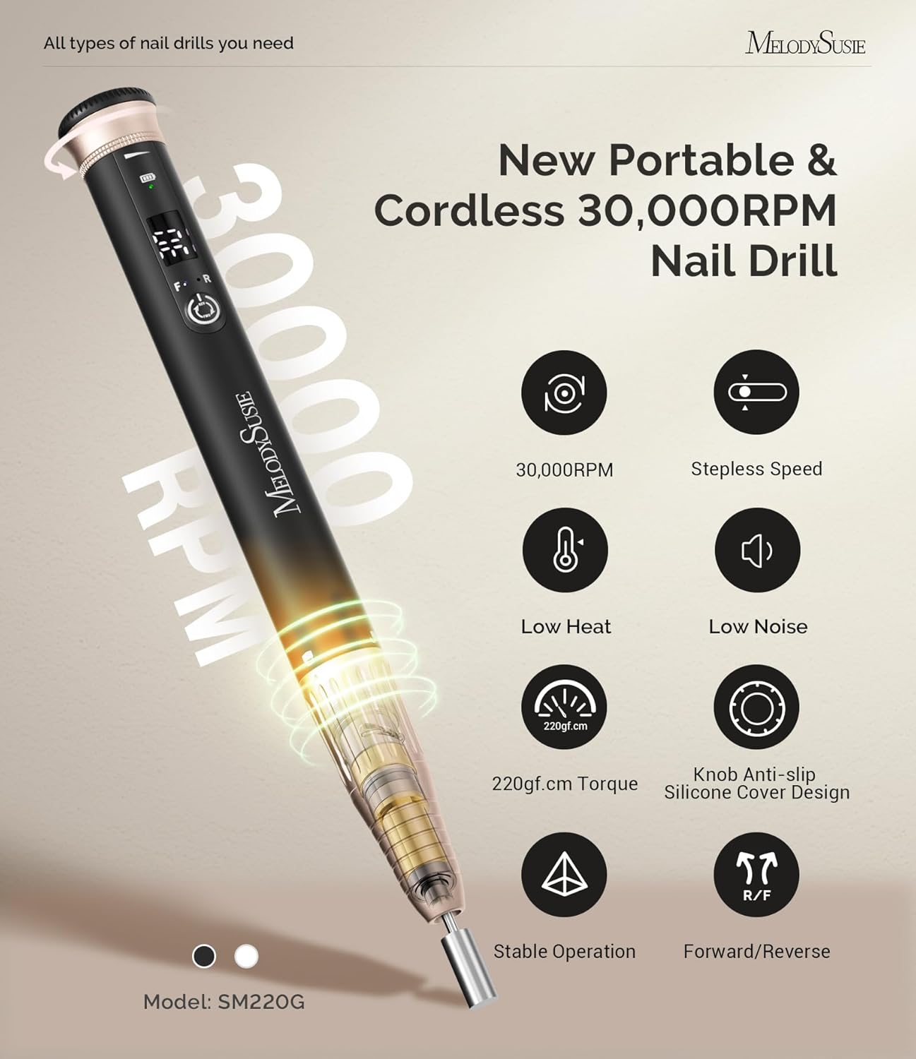 MelodySusie Cordless Nail Drill - 30000RPM E-File with Stepless Speed Adjustment | Portable Manicure Tool for Acrylic Gel Removal