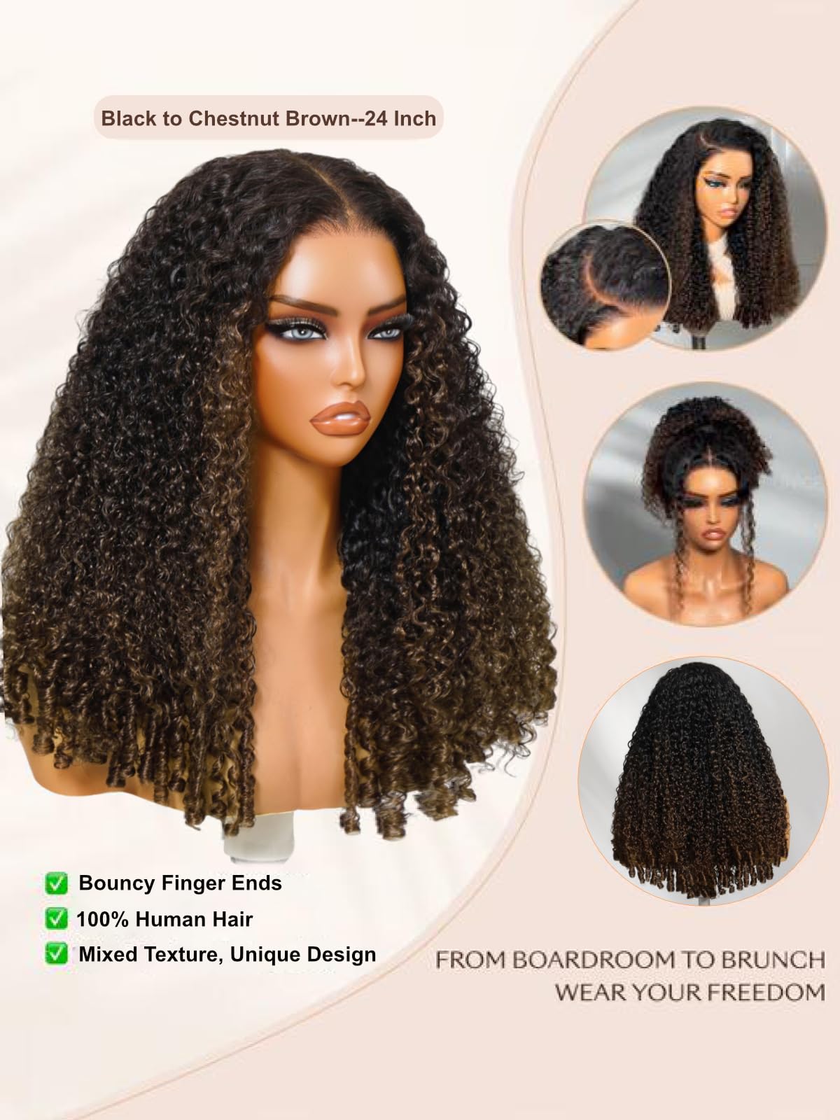UNICE Burmese Curly Human Hair Wig with Finger Coil Ends Glueless 7x5 Lace Front Drawstring Wig Pre Plucked Pre Cut Put On and Go Black to Chestnut Brown Ombre 18 inch