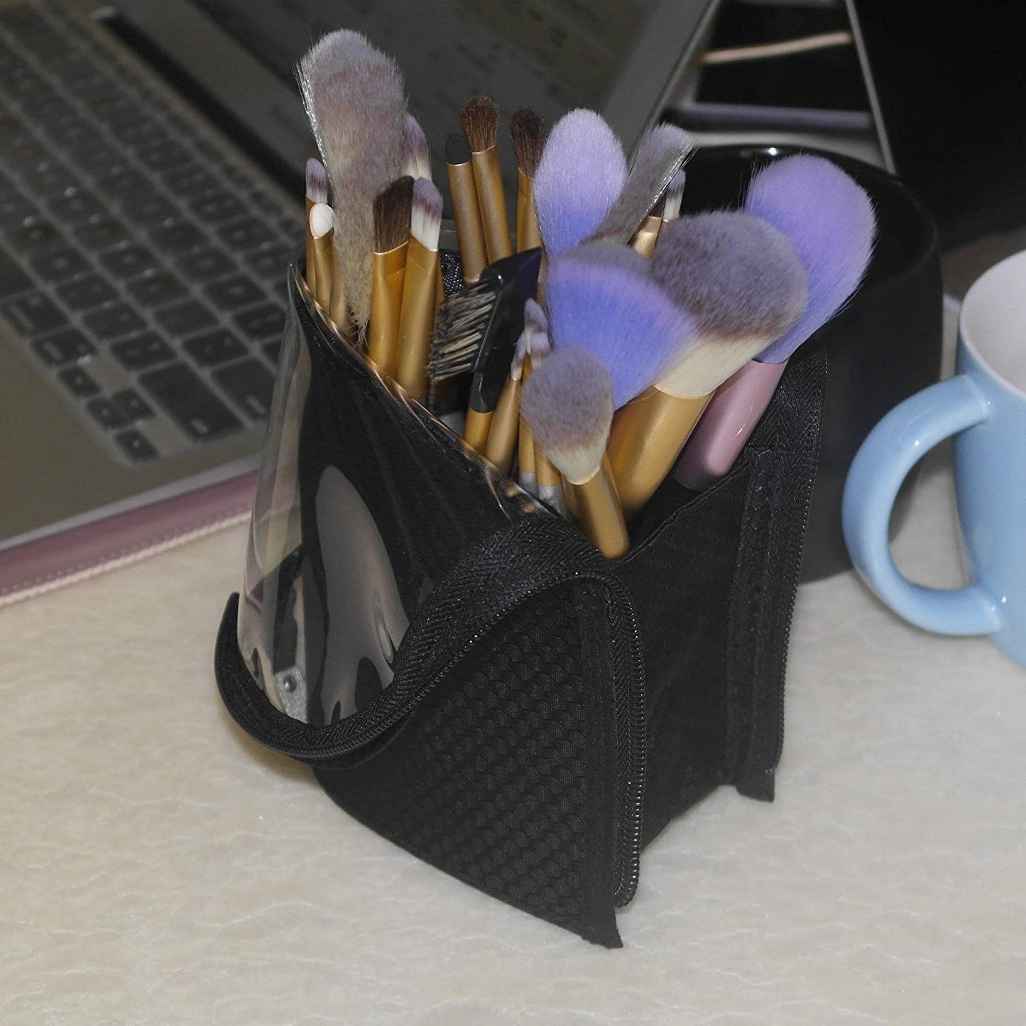 ANEMEL Black Travel Makeup Brush Holder 2-Pack, Organizer Bag Clear Plastic Cosmetic Zipper Pouch Portable Waterproof Dust-Free Stand-Up Small Toiletry Stationery Bag with Divider