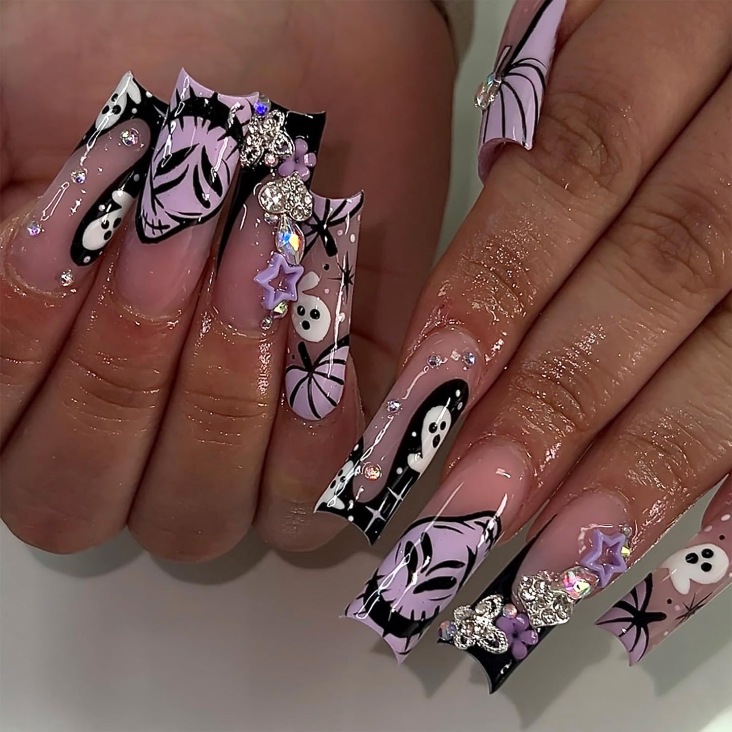 French Tip Press-On Nails - 24 Pcs Medium Almond with 3D Flower & Gold Rhinestones | Full Cover Nude Artificial Nails