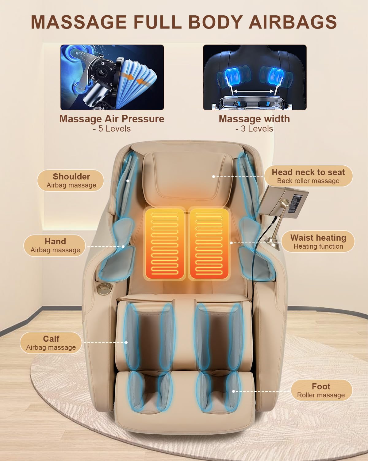 RELX 2026 Full Body Massage Chair - Zero Gravity Shiatsu with Heating, AI Control & 13 Modes | Beige