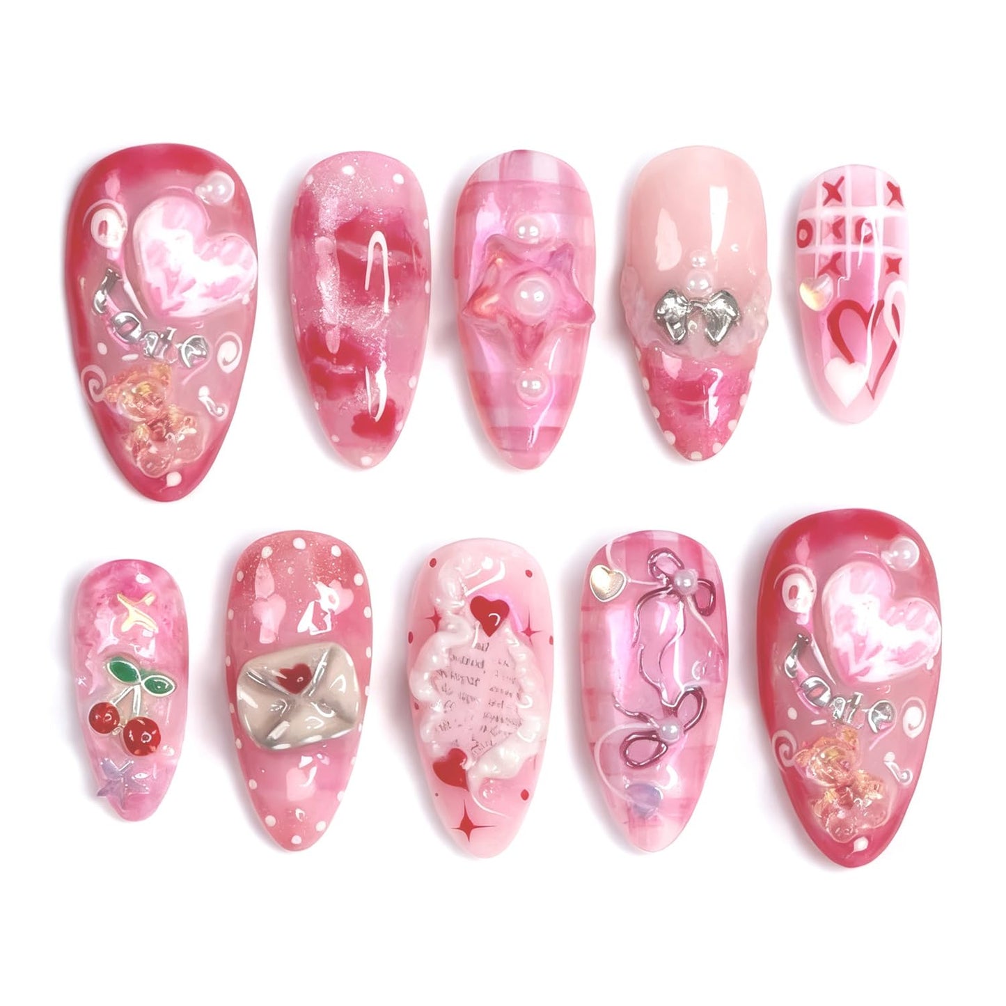 Press-On Nails - 24Pcs Medium Almond Fake Nails with Lotus & Lucky Koi Design | Glossy Full Cover for Spring/Summer DIY Manicure