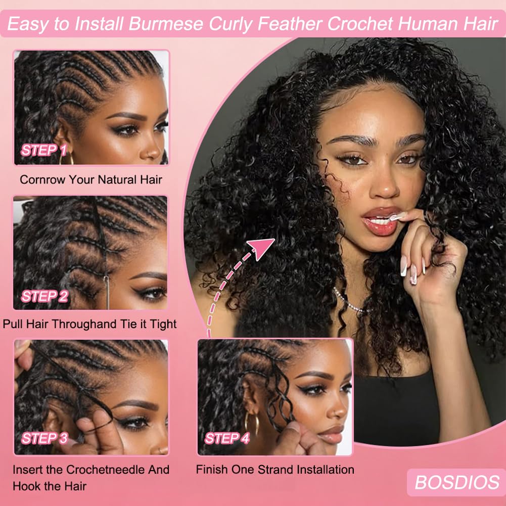Burmese Curly Feather Crochet Hair Extensions - 16 Inch, Lightweight, Knotless, Natural Color for Black Women