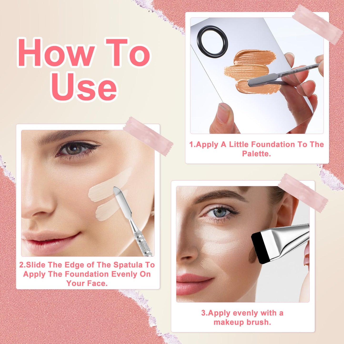 Matwsec 4 Pcs Makeup Mixing Palette with Flat Foundation Brush Dual-Head Make Up Spatula Triangle Powder Puffs, Foundation Palette for Women Girl Korean Facial Cosmetic, Nail Art, Pigment Blending