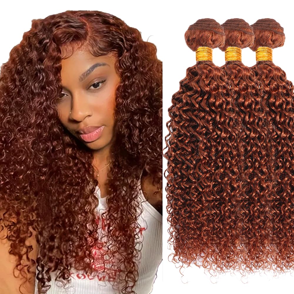 Copper Brown Bundles Human Hair Color 33 Kinky Curly Bundles 20 22 24 Inch Huxowax Brazilian Virgin Soft and Silky Remy Hair Extensions Auburn Brown Kinky Curly Bundle 300g