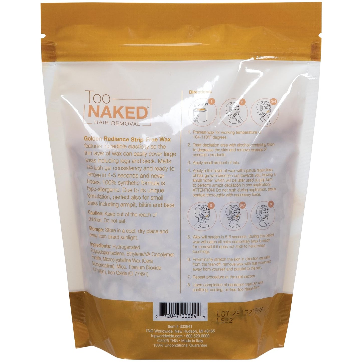 Too Naked Hair Removal Golden Radiance Strip-Free Wax, Incredible Elasticity Peel with Gel Consistency, Hypoallergenic for Sensitive Areas, Fragrance-Free, Unisex, 1 Lb.