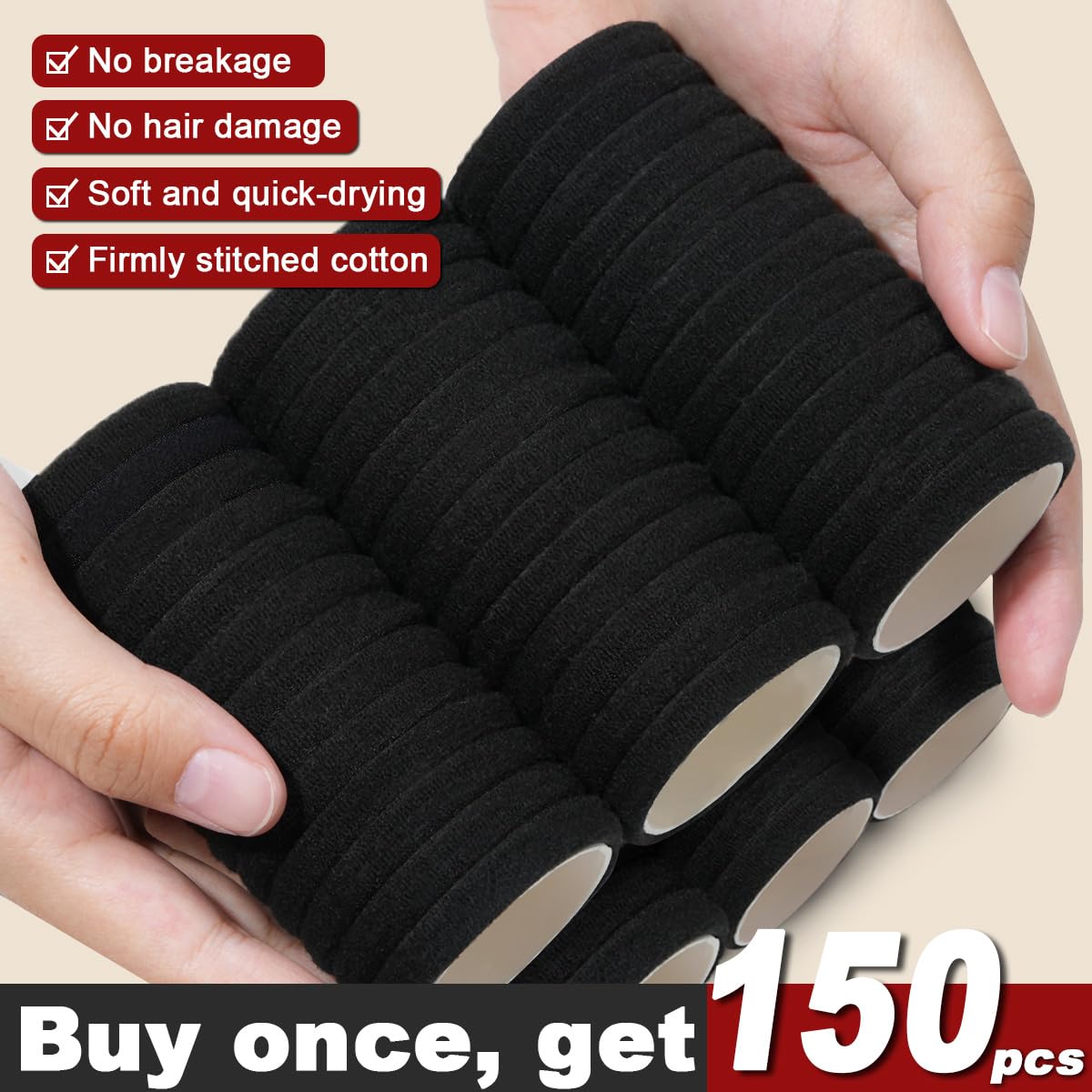 IKOCO Black Hair Ties - 150PCS No Damage Cotton Seamless Ponytail Holders for Thick Hair