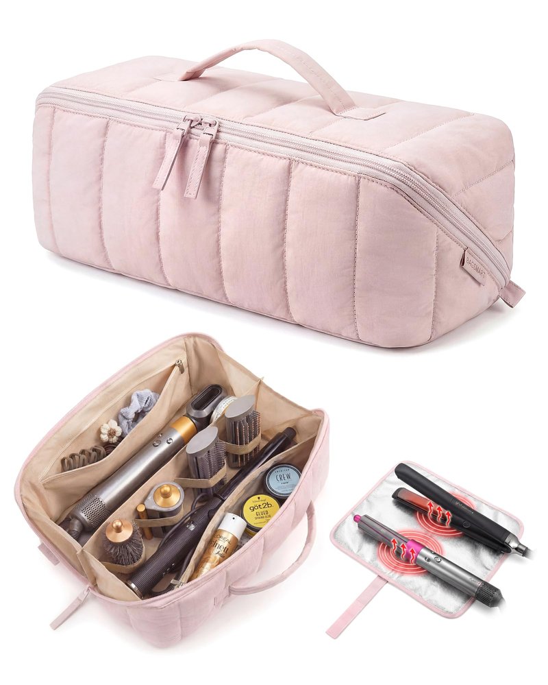 BAGSMART Hair Tool Organizer Travel Bag Compatible with Dyson Airwrap, Shark Hair Dryer, Wide-open Accessories Organizer with Heat Resistant Mat, Makeup Bag for Dyson Attachments, Curling Iron, Pink