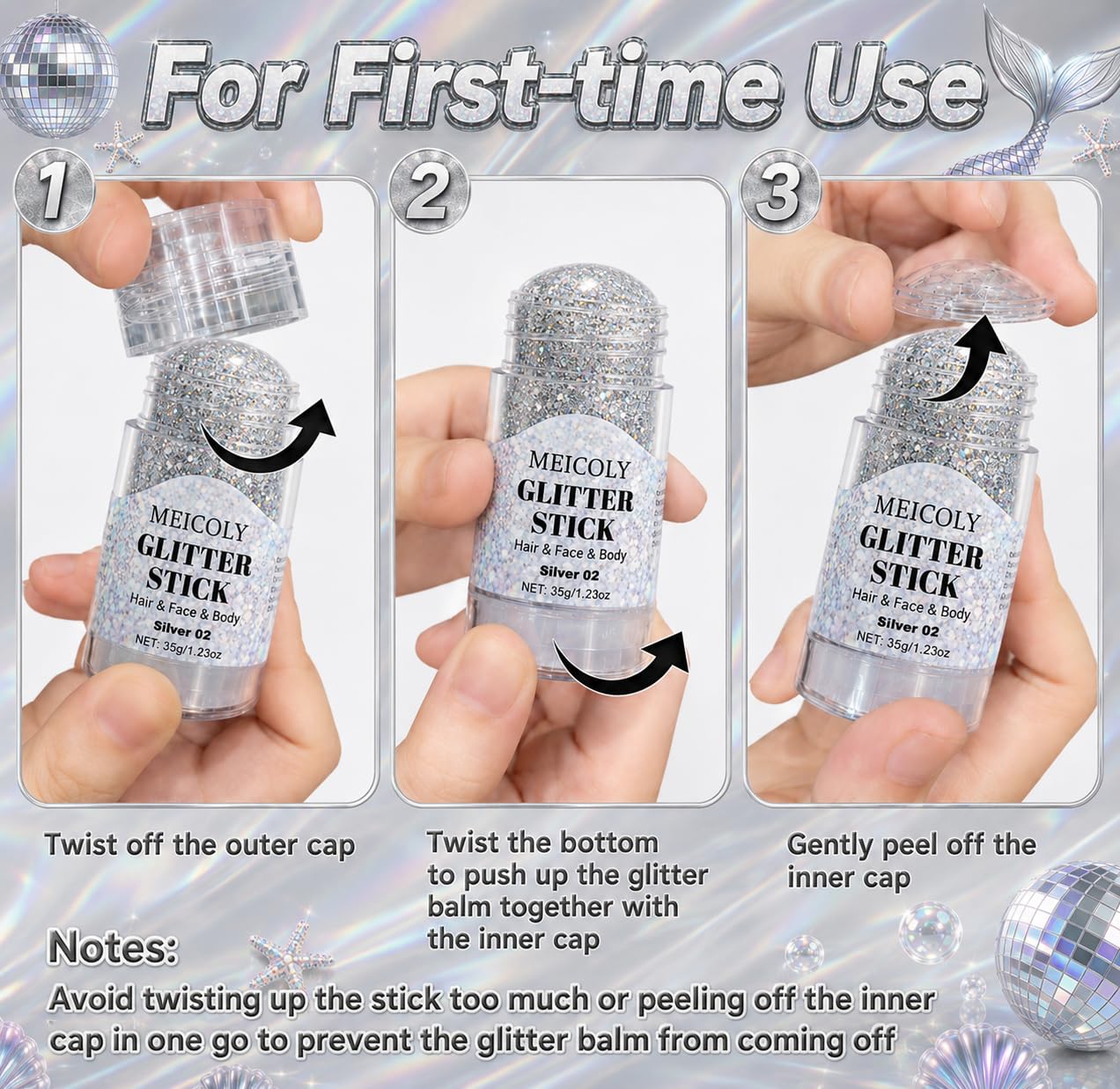 MEICOLY 1.23 OZ Silver Body Glitter Stick for Women,Face Glitter for Rave Outfit Accessories,Holographic Mermaid Hair Glitter Stick for Singer Concerts,Parties,Clubbing,Concert & Halloween