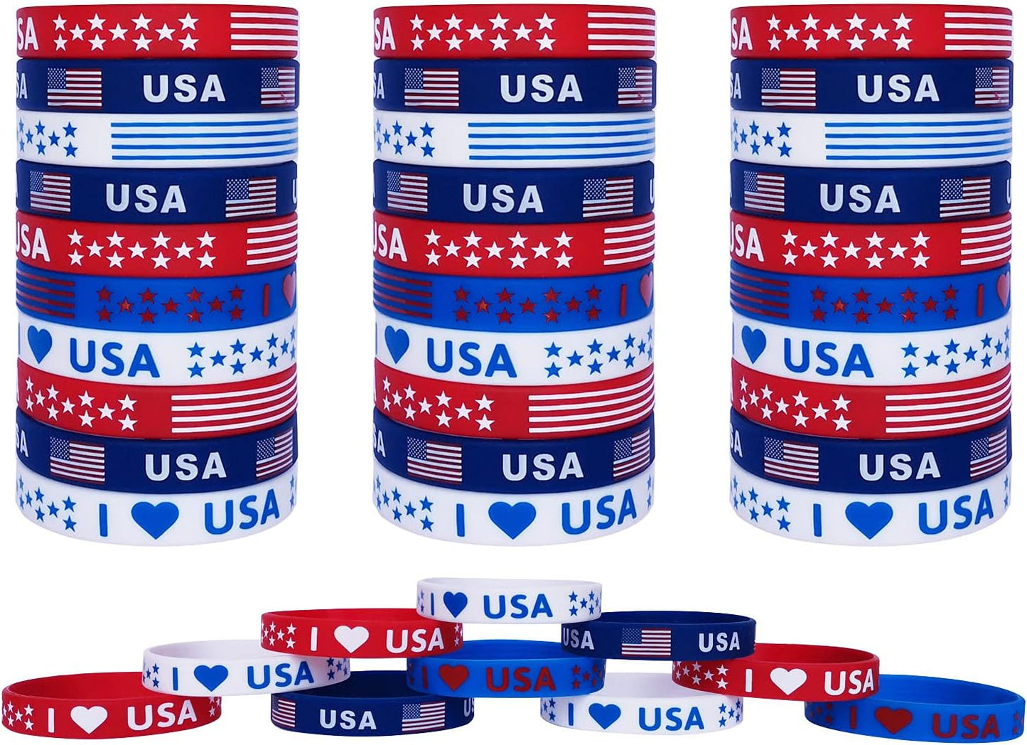 American Flag Silicone Bracelets - 40 Pcs Patriotic Party Favors | 4th of July, Memorial Day, Veterans Day