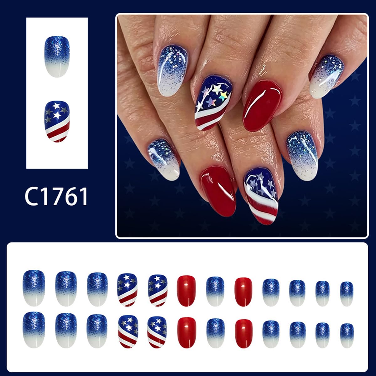 4th of July Press on Nails Medium Oval Patriotic Fake Nails with Star & American Flag Designs,Blue Glitter 4th of July Nails Independence Day Full Cover Stick on Nail for Women Manicure 24Pcs