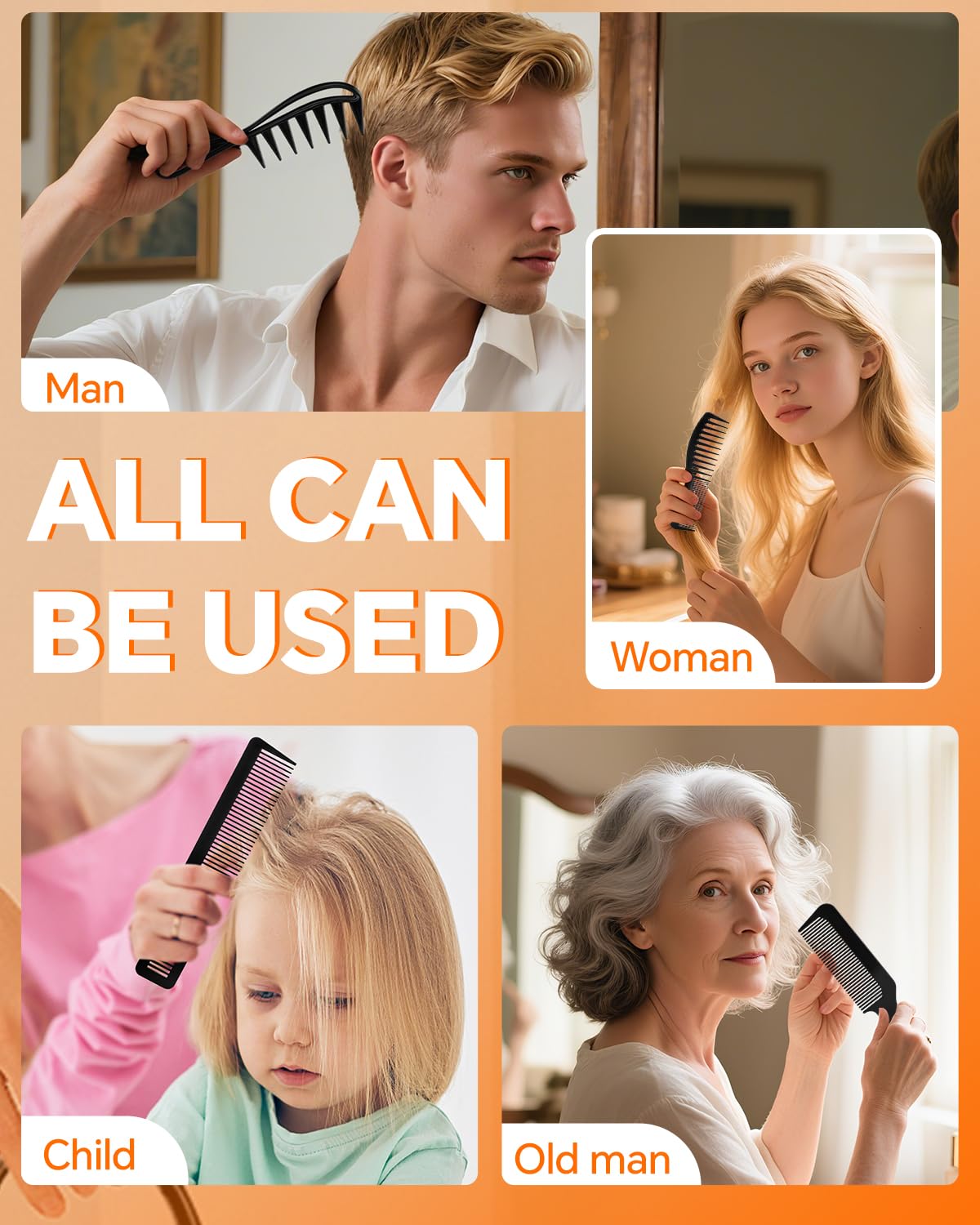 4PCS Combs for Women & Men - Durable Wide Tooth, Rat Tail & Fine Tooth Combs Set for Detangling, Teasing & Parting - All Hair Types