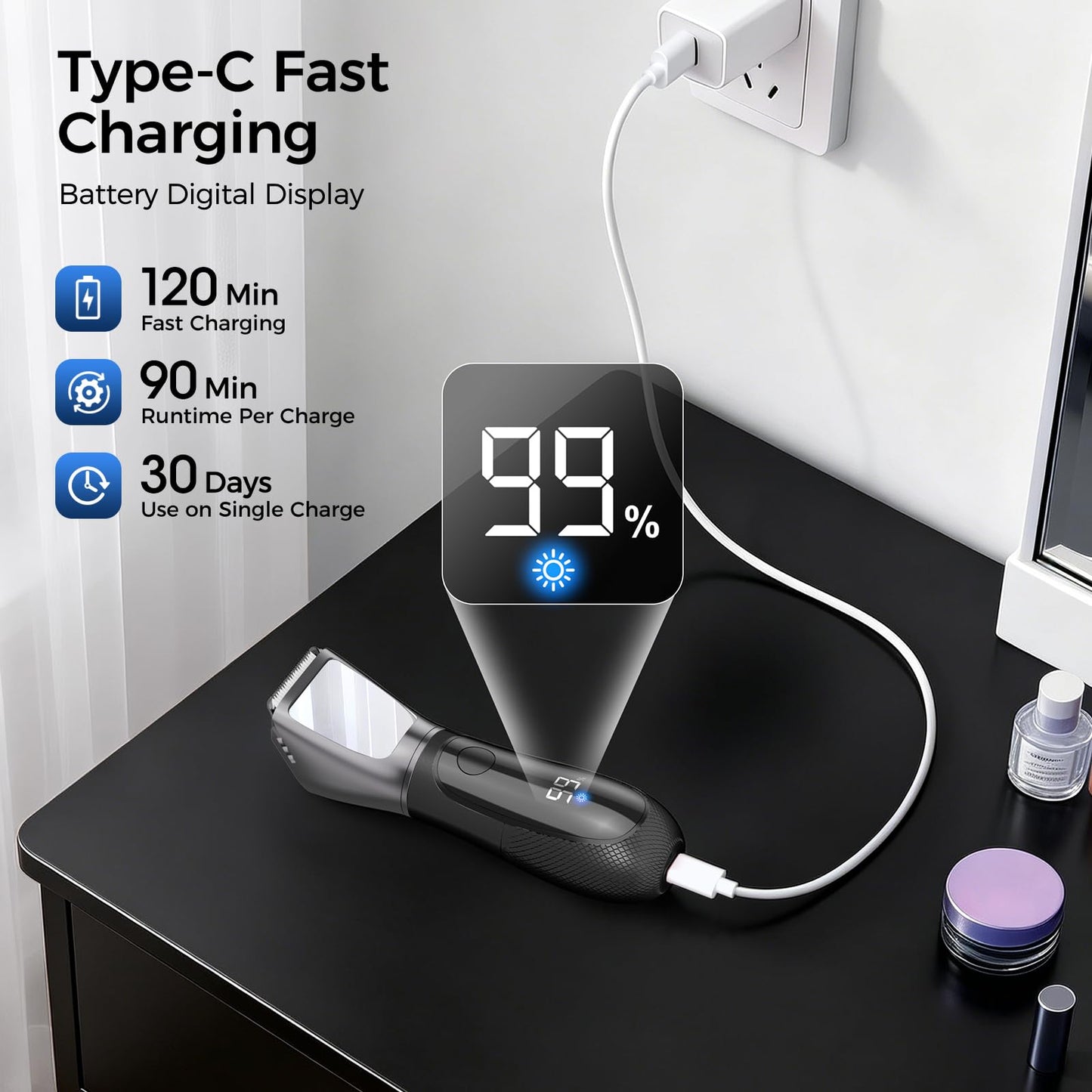 NIPOO Bikini Trimmer for Men, 2 in 1 Electric Razors Shaver, IPX7 Waterproof Body Hair Trimmer with Mirror, LED Light & Display, Painless Pubic Hair Removal, Silver