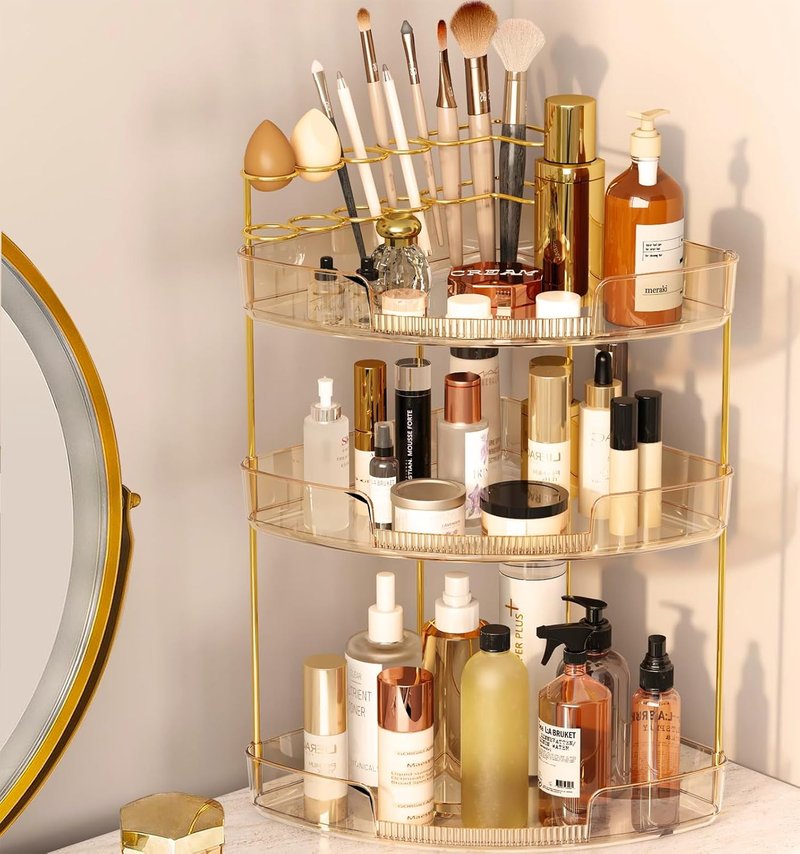 3-Tier Corner Bathroom Counter Organizer - Makeup & Skincare Storage with Brush Holder | Amber