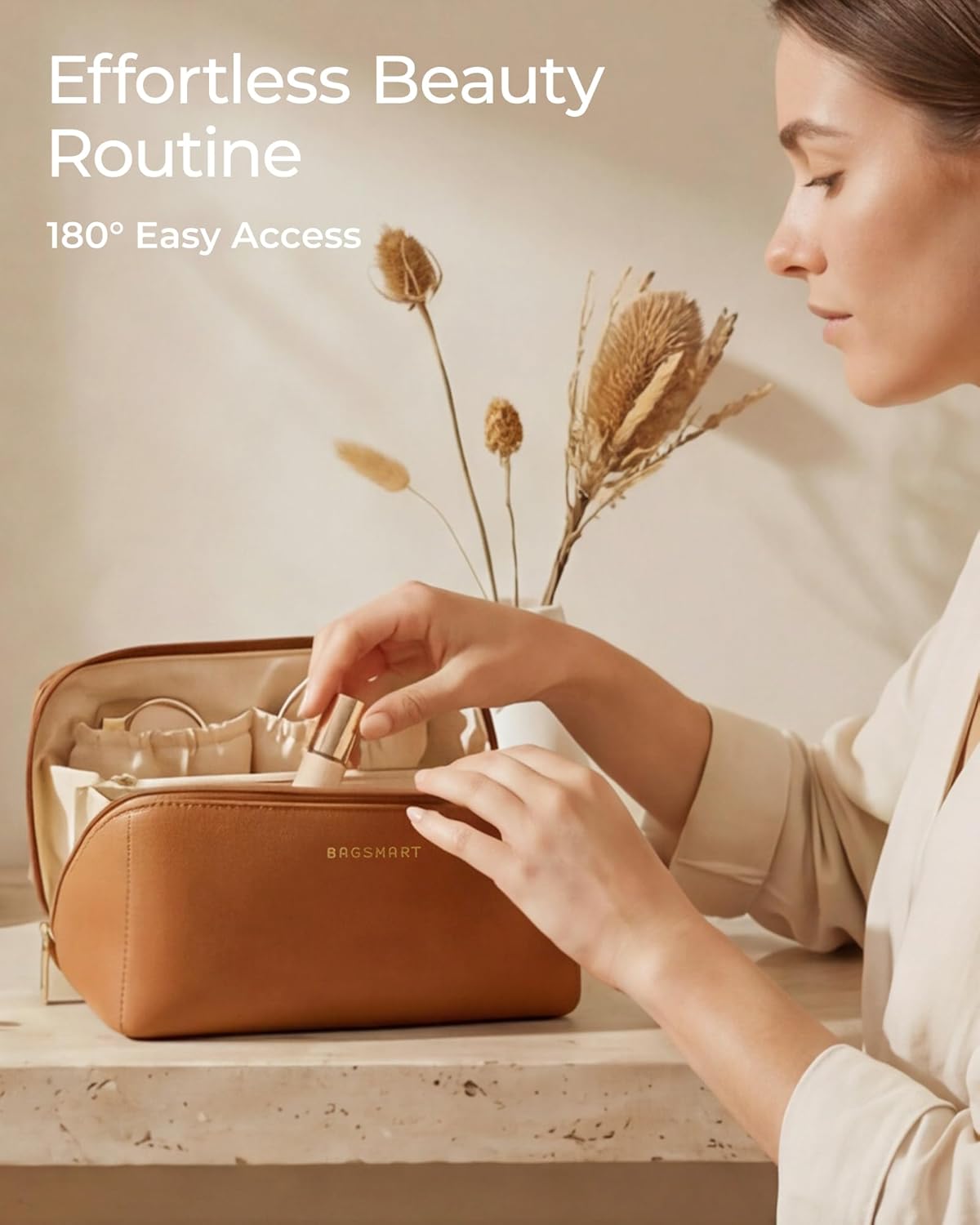Makeup Bag - Large Travel Cosmetic Organizer | PU Leather Toiletry Case for Women - Classic Brown