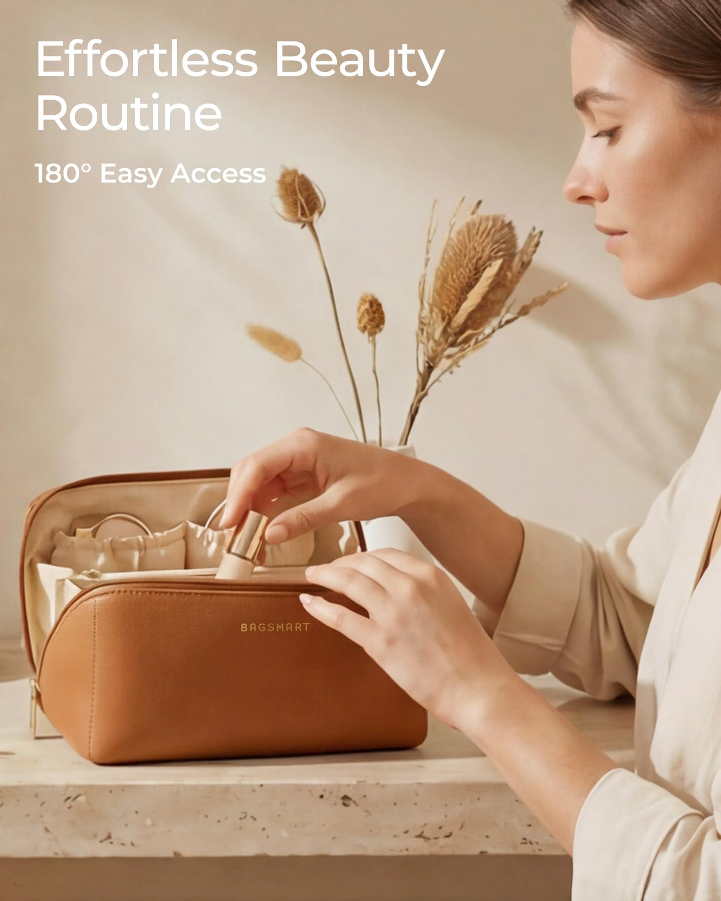 BAGSMART Makeup Bag Travel Cosmetic Bag, Large Make Up Bag Flat Open Toiletry Bag for Women, PU Leather Travel Essentials Organizer Case, Wide-open Pouch Purse for Skincare, Brushes, Coffee Brown