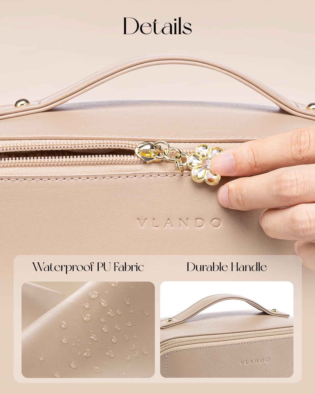 VLANDO Makeup Bag - Travel Toiletry & Cosmetic Bag for Women | PU Leather, Portable Design - Toffee