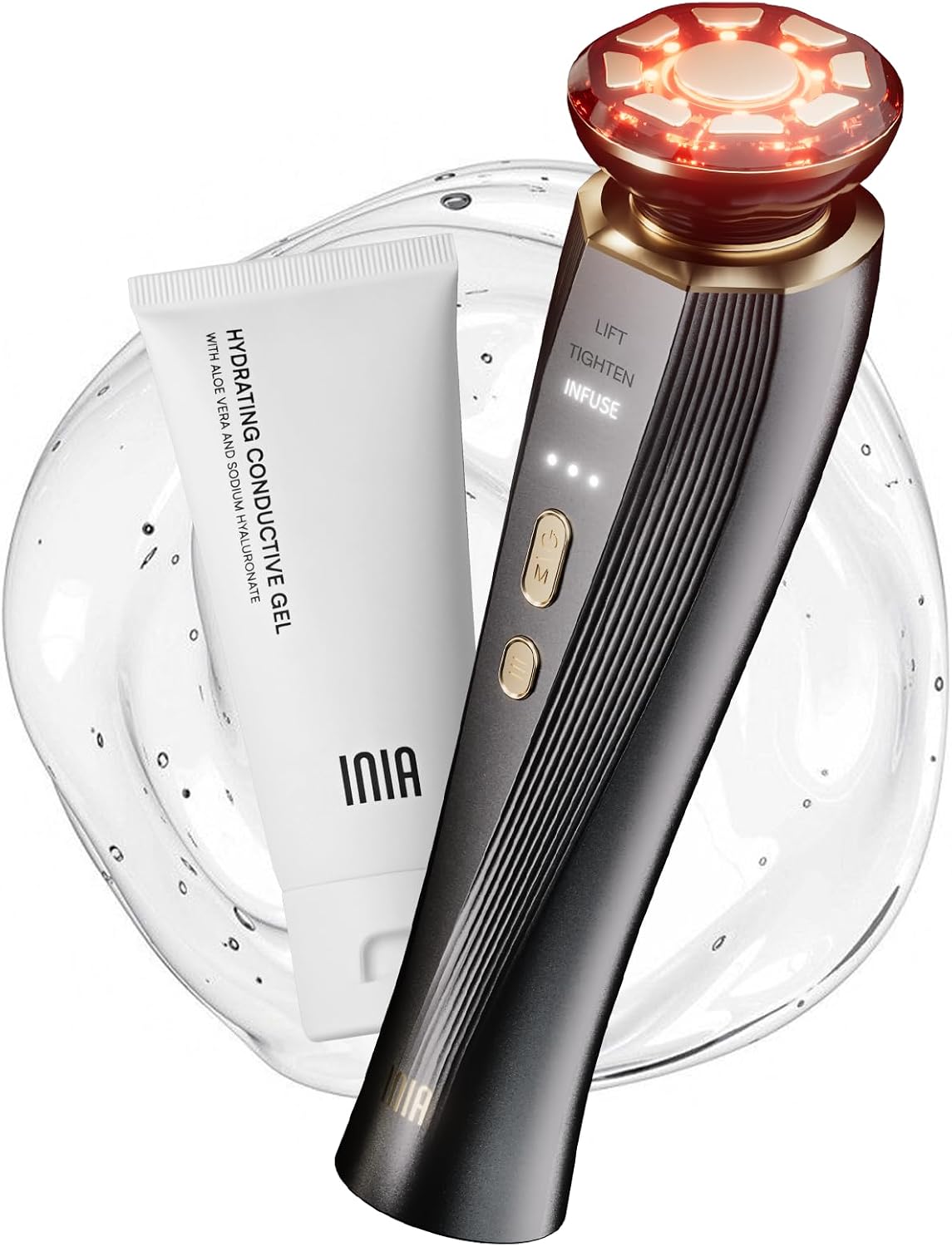INIA 3-in-1 Red Light Therapy Device - Anti-Aging Face & Neck Tool for Puffiness & Skin Firming | Black