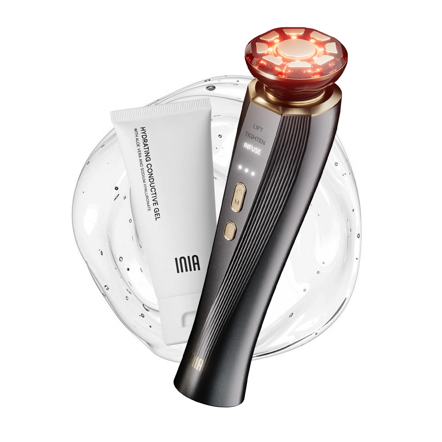 INIA 3-in-1 Red Light Therapy for Face and Neck Beauty Device for Puffiness & Skin Firming Skincare Tool (Black)