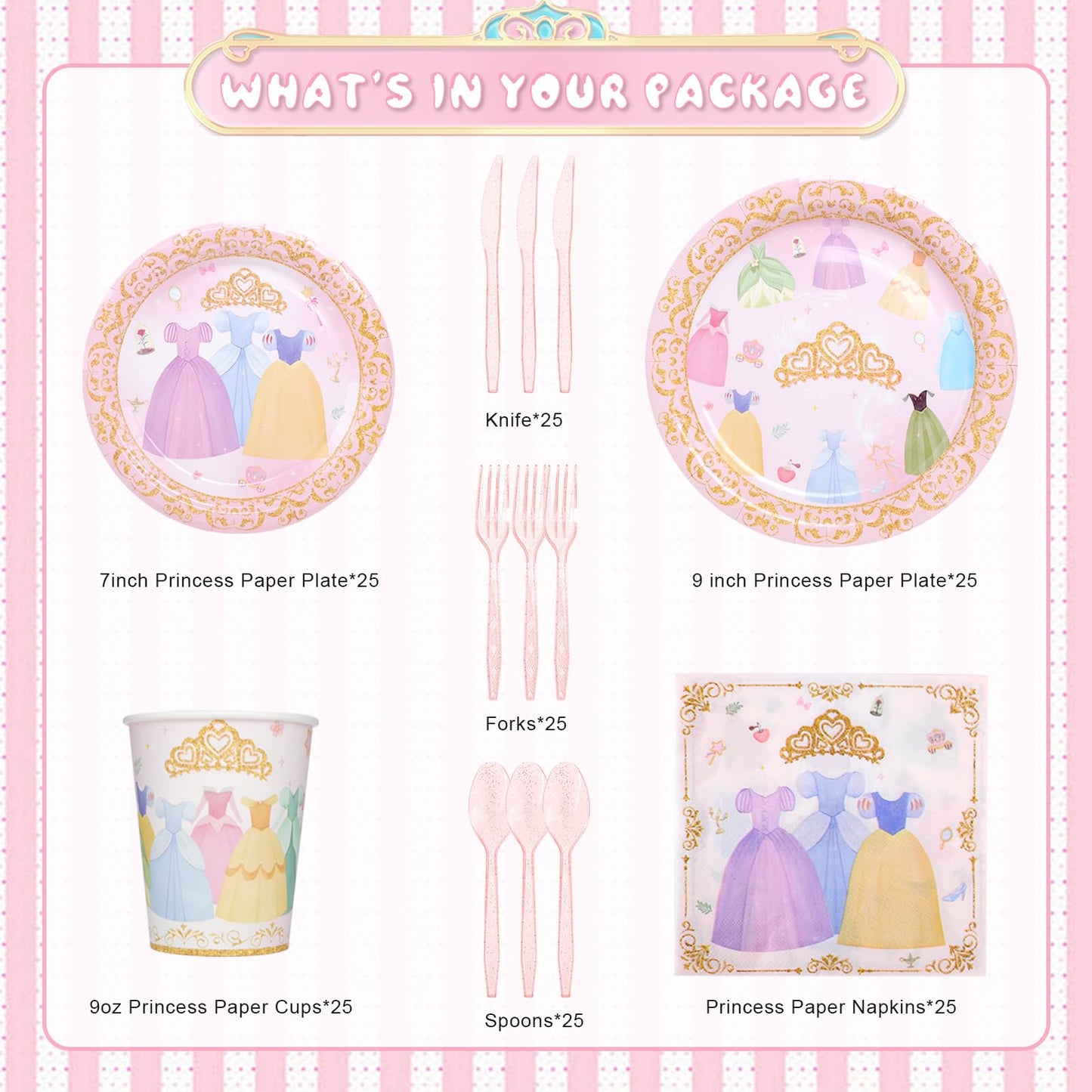 Zizzy Zuzim 175Pcs Princess Paper Plates Napkins, Princess Themed Birthday Party Decorations Pink Party Supplies Disposable Dinnerware Set Plate, Utensils, Cup, Napkin, Tableware Set, Serve 25 Guests