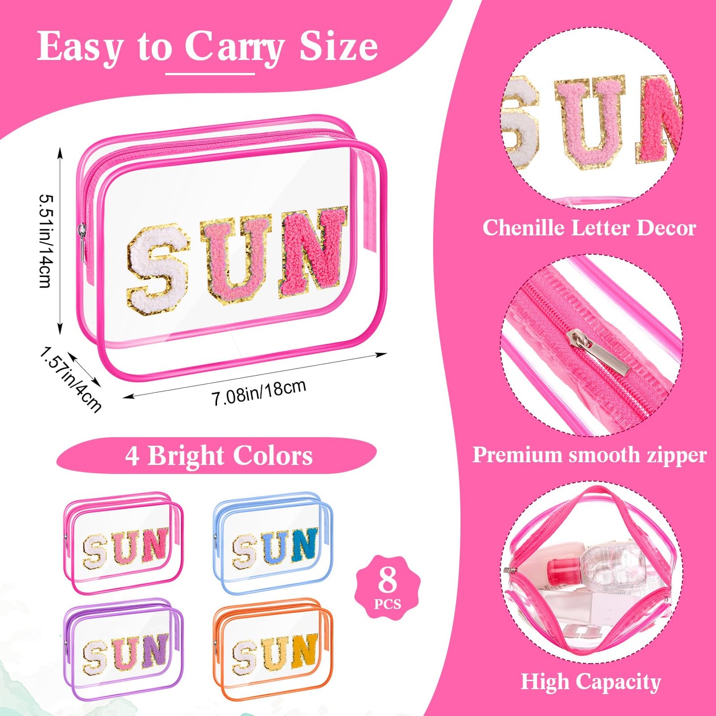 Kacctyen 8 Pcs Clear Makeup Bag Bulk Summer Beach Sunscreen Pouch Waterproof Toiletry Cosmetic Zippered Organizer with Preppy Chenille Letter Patch (Sun,Clear,Blue,Purple,Rose Pink,Orange)