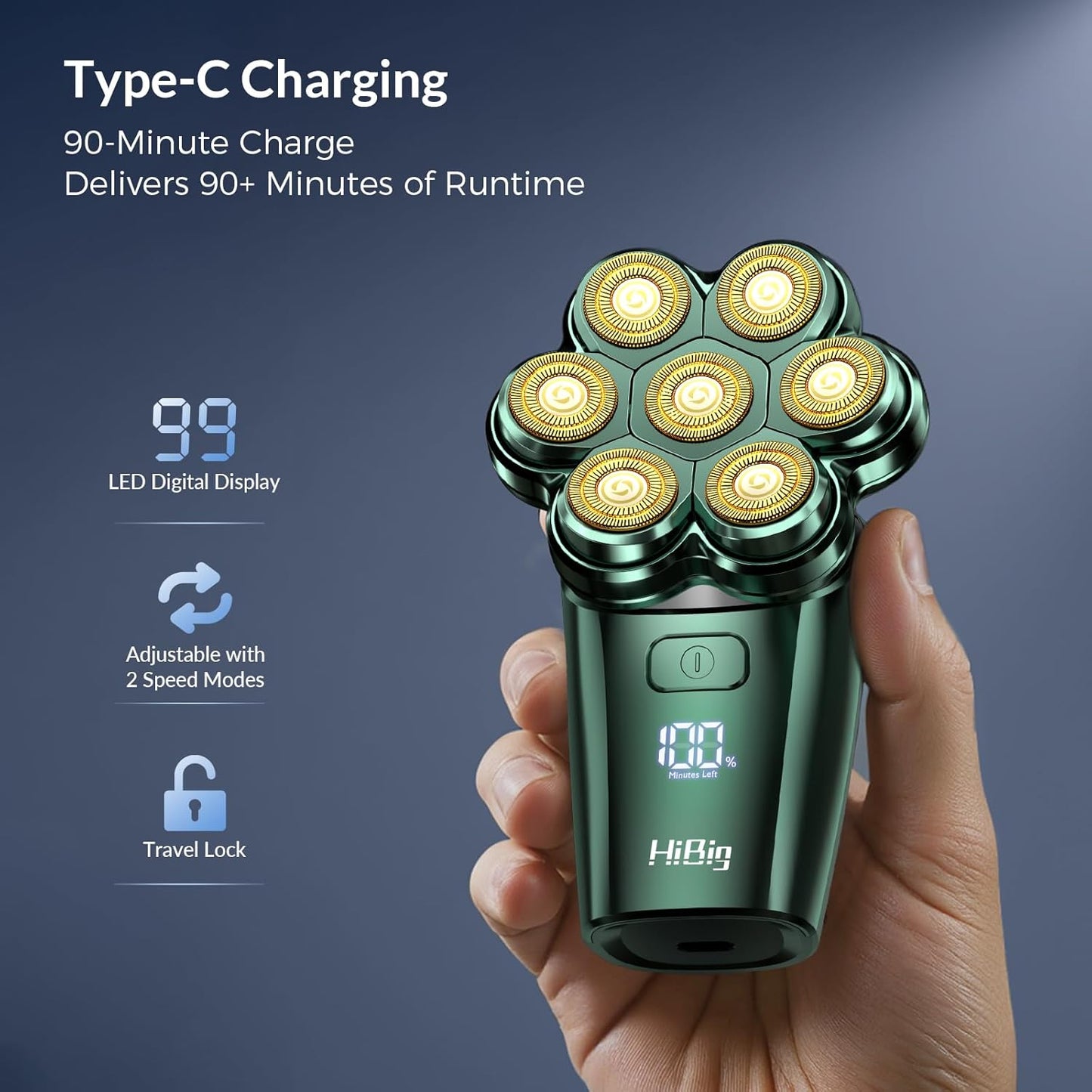 Electric Head Shaver for Bald Men - 7D Arc Magnetic Waterproof 5-in-1 Grooming Kit | Rechargeable Dark Green