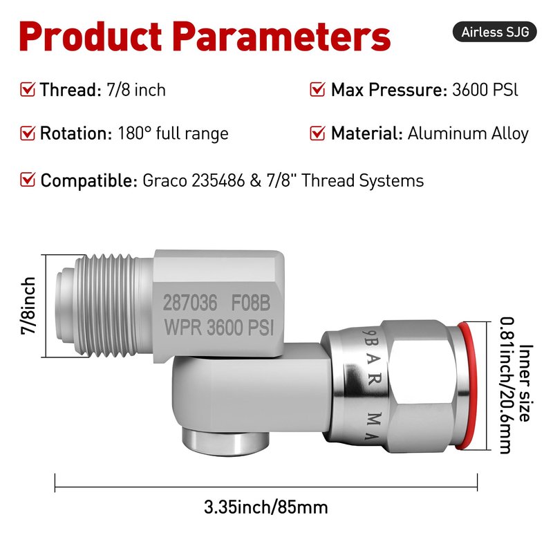 2Pcs Airless Paint Spray Gun Swivel Joint 235486 7/8" Thread 180 Degree Rotation 3600 PSI