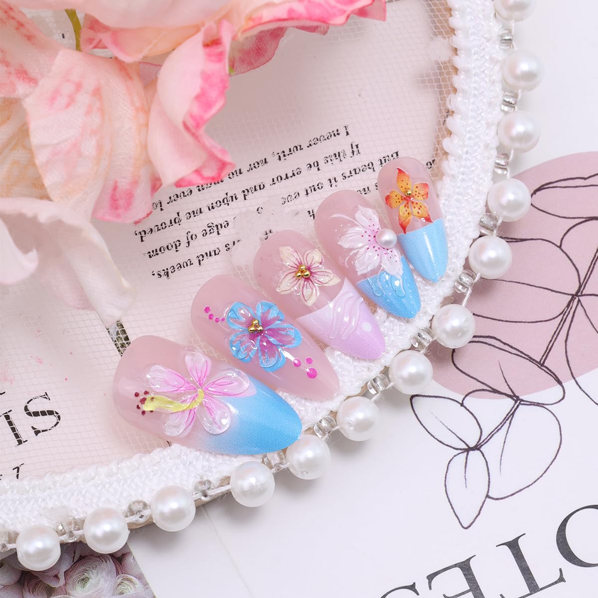 3D Flower Press-On Nails - Medium Almond French Tip with Rhinestones | Tropical Floral Design in Pink & Blue Gradient, Reusable Full Cover for Women