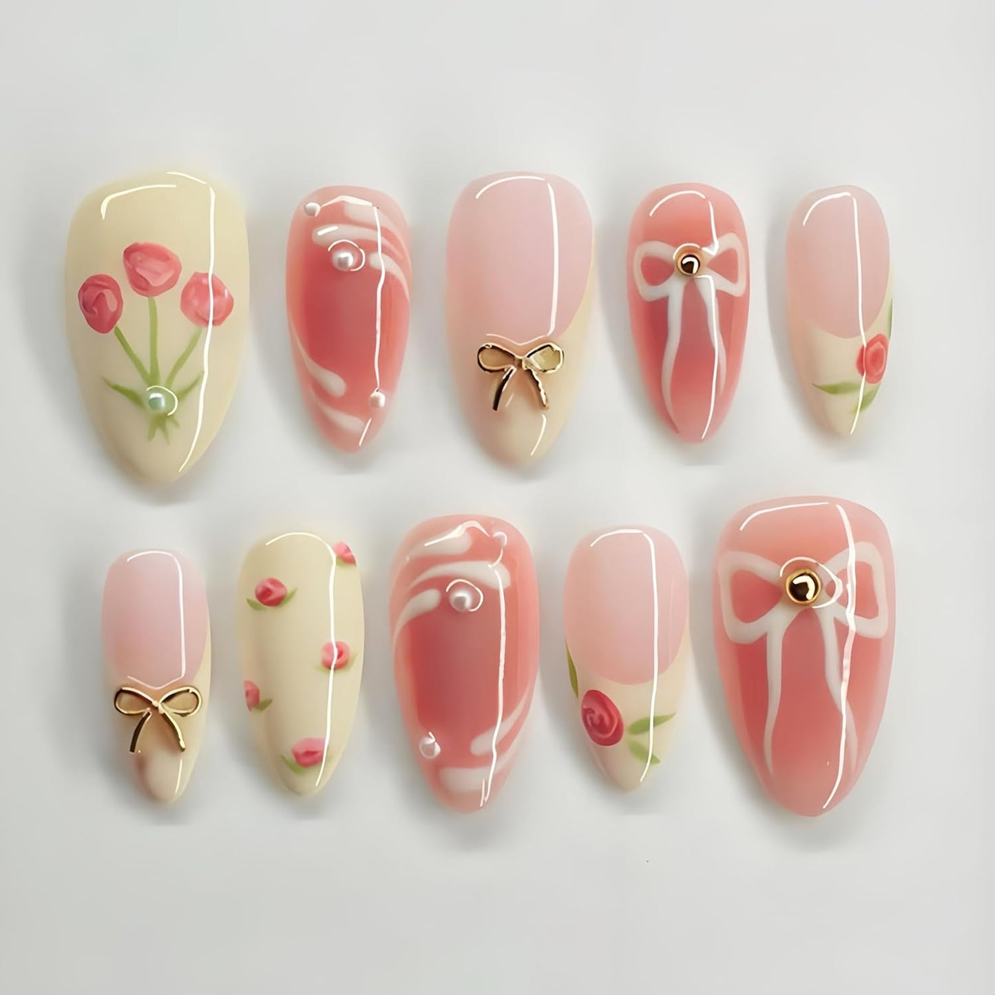 Almond Press-On Nails Set - 30Pcs 3D Pink Flower & Gold Beads | Reusable Floral Design for Beach Vacation