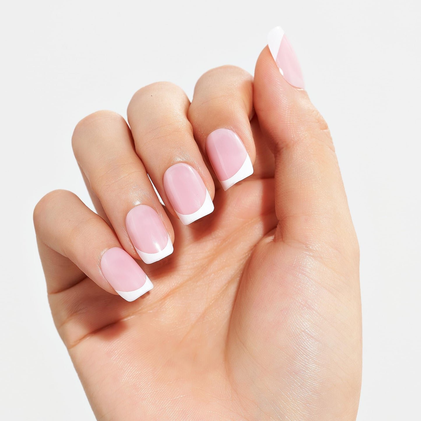 GLAMERMAID Classic French Tip Press on Nails Short, Pink Fake Nails Sqaure