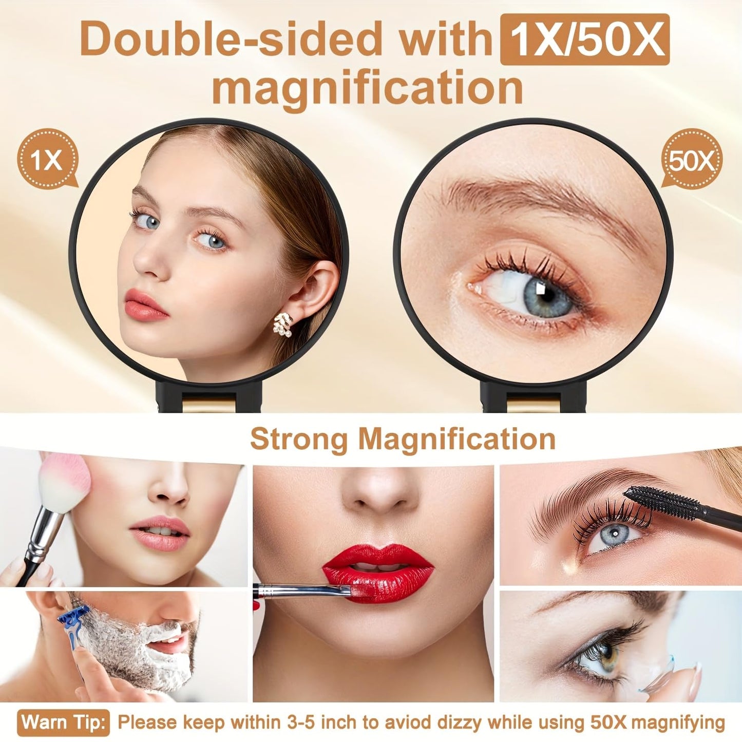 50x Magnifying Mirror with Dual-Sided 1X/50X Magnification - Portable Handheld Makeup Mirror with 360° Adjustable Handle, Foldable Travel Design, for Professional Makeup, Facial Hair, Eyebrows