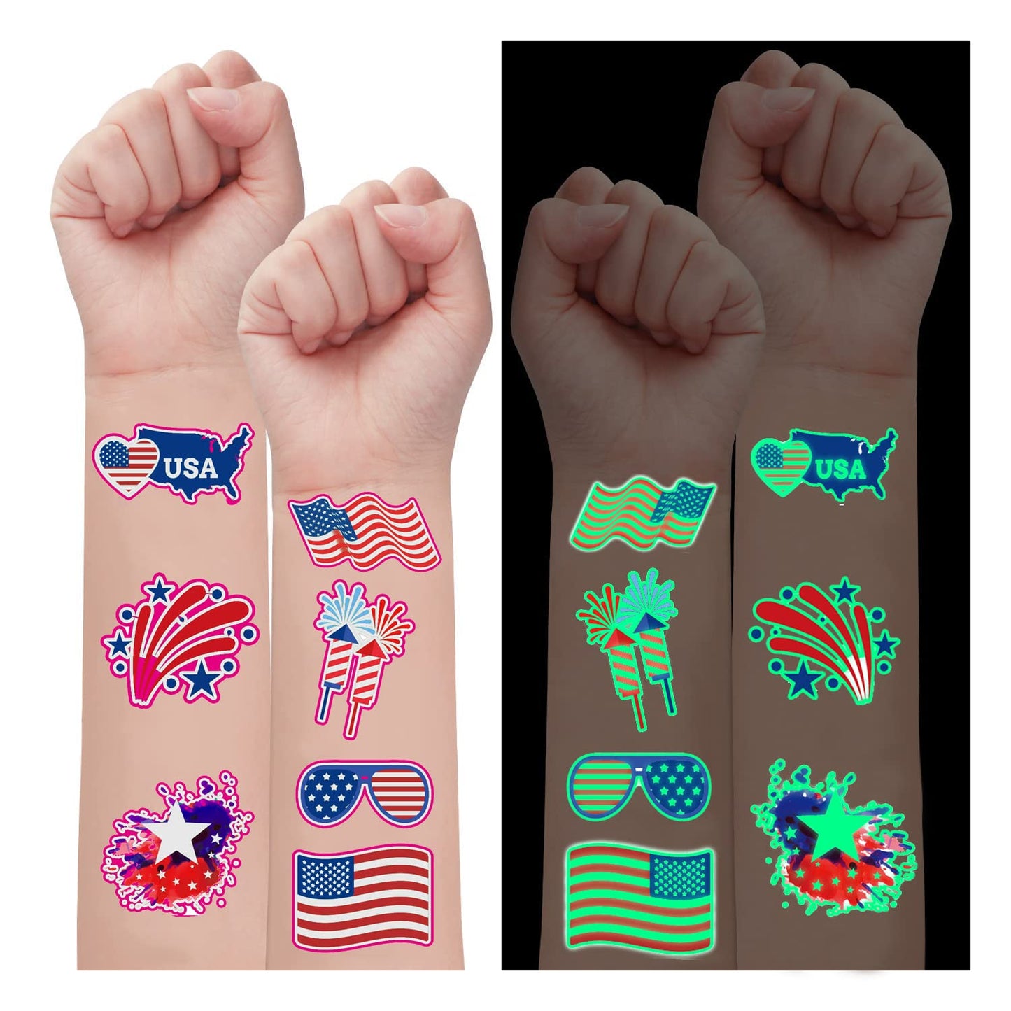 Fourth of July Temporary Tattoos - 70PCS Red, White & Blue Glow in The Dark Party Supplies | Patriotic Decorations