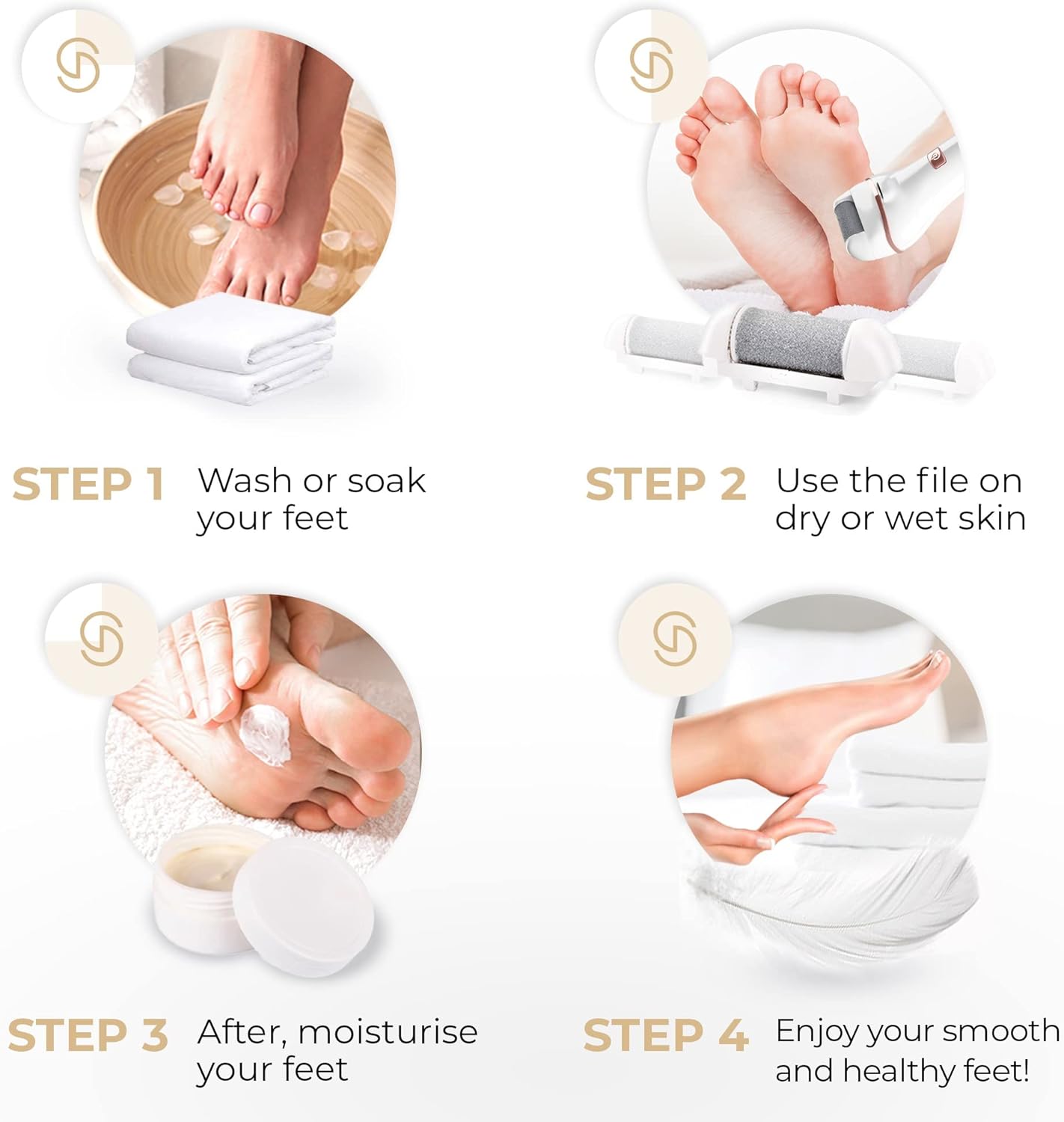 Rechargeable Electric Foot File - Waterproof Callus Remover with 5 Replacement Rollers | Cordless, 2 Speeds, LED Display, USB Charging (White)